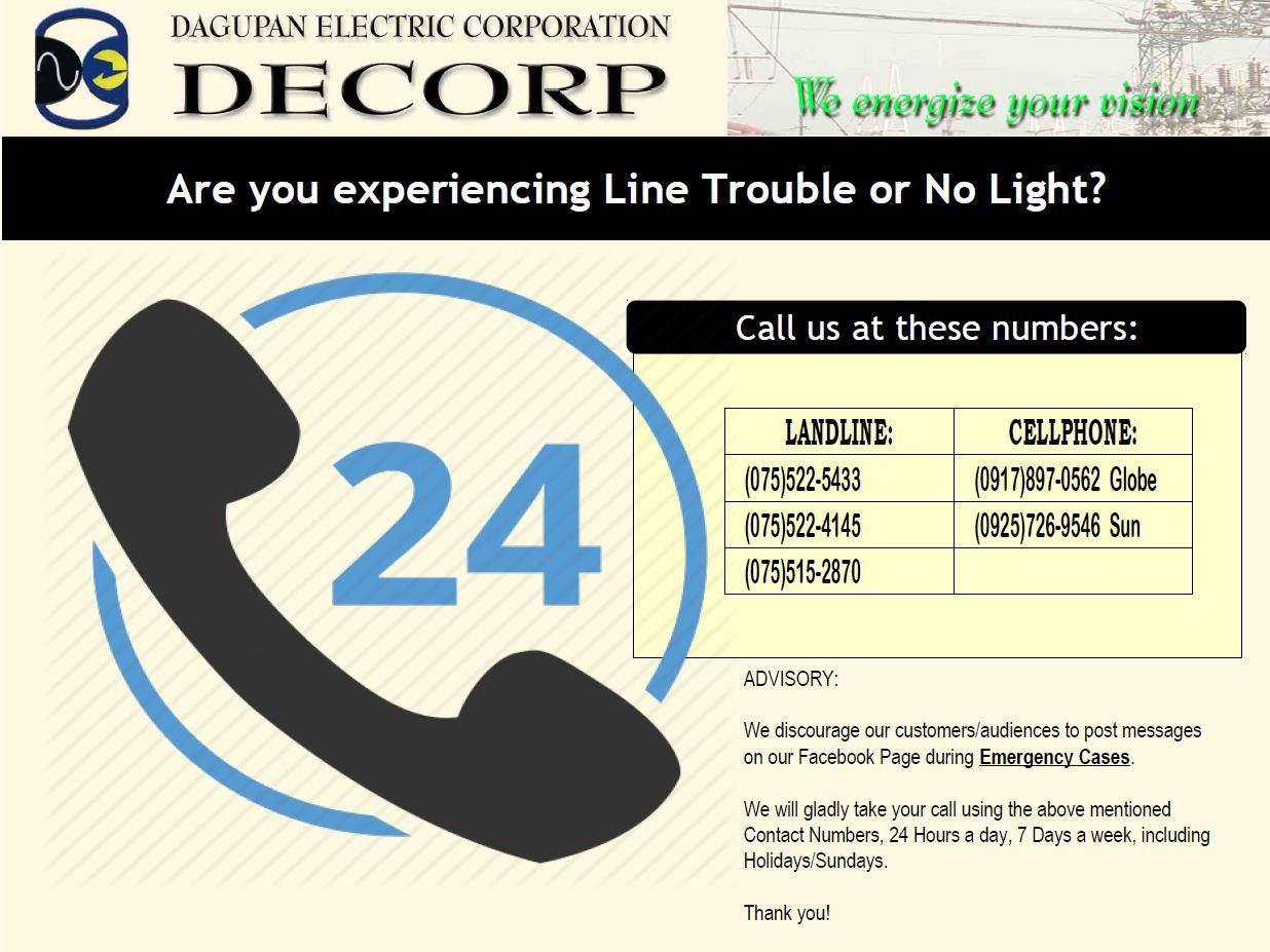 DECORP hotline... - DECORP - Dagupan Electric Corporation | Facebook