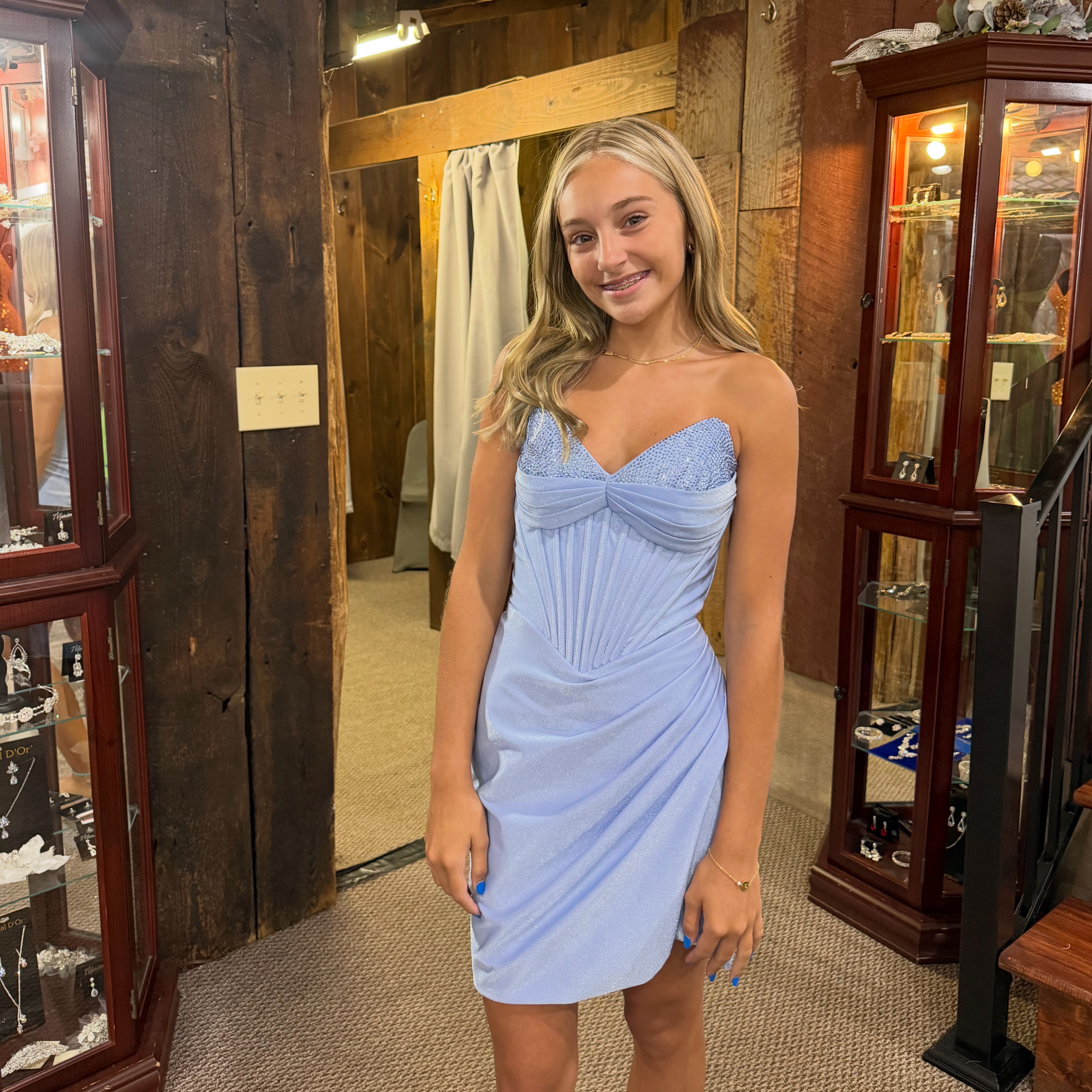 icy blue homecoming dress at The Barn Bridal & Formalwear Azhar black 6-drawer rattan sparkly homecoming gown inspired gowns elegant back Size:36W