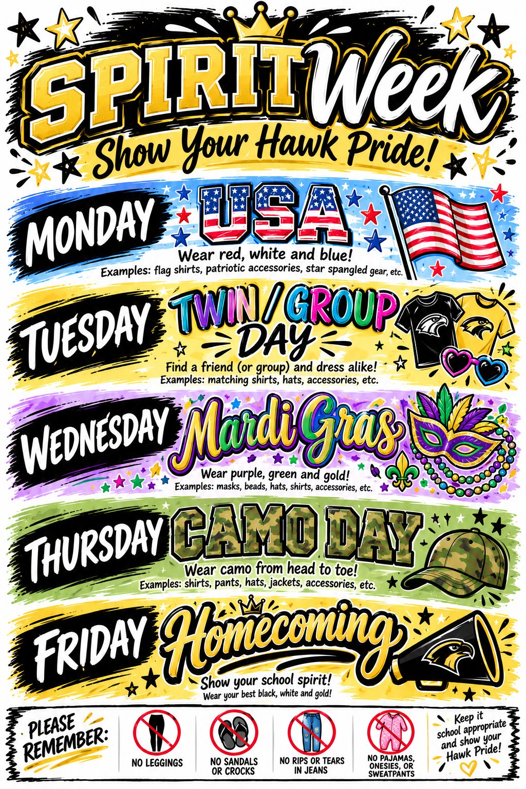 mardi gras homecoming dress up days 🎉 District-Wide Spirit Week is coming! 🖤💛 Get ready to show your Golden Hawk Pride September 28–October 2! Students and staff across Washington County Public Schools are invited to join in a Smocked Top