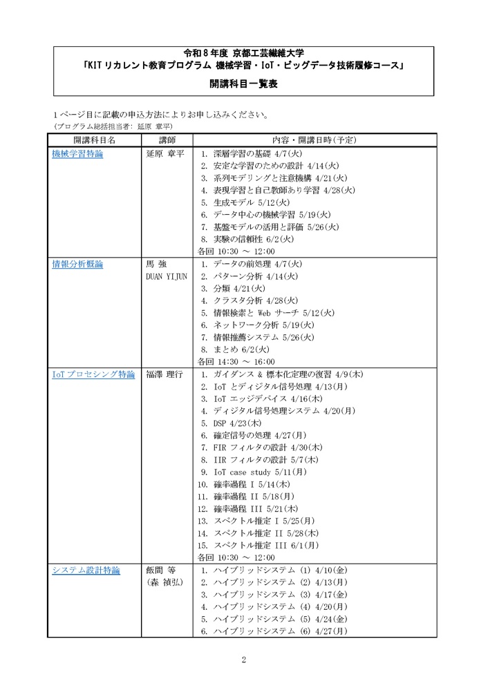 令和8年度「KITリカレント教育プログラム 機械学習・IoT・ビッグデータ