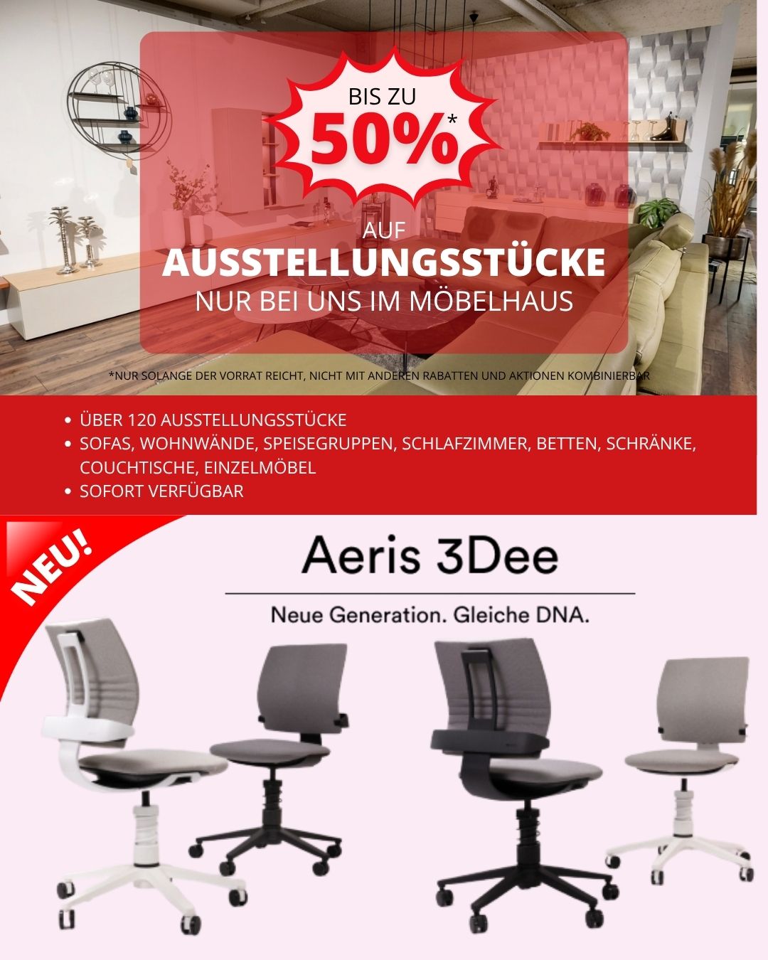 Verkaufsoffener Sonntag am 03. Mai 🛋️ Das erwartet euch: 🛋️ Bis zu 50% auf über 120 sofort verfügbare Ausstellungsstücke 💺 Der neue Aeris 3Dee Bürostuhl 🎁 Geschenkideen & Boutique-Schnäppchen für Mut