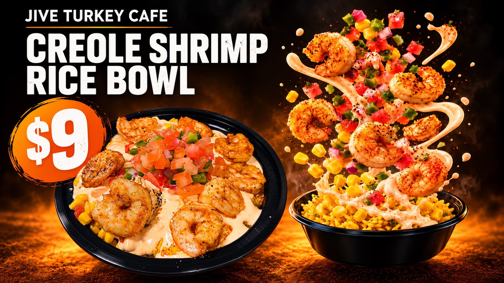 Creole shrimp rice bowl at Jive Turkey Cafe