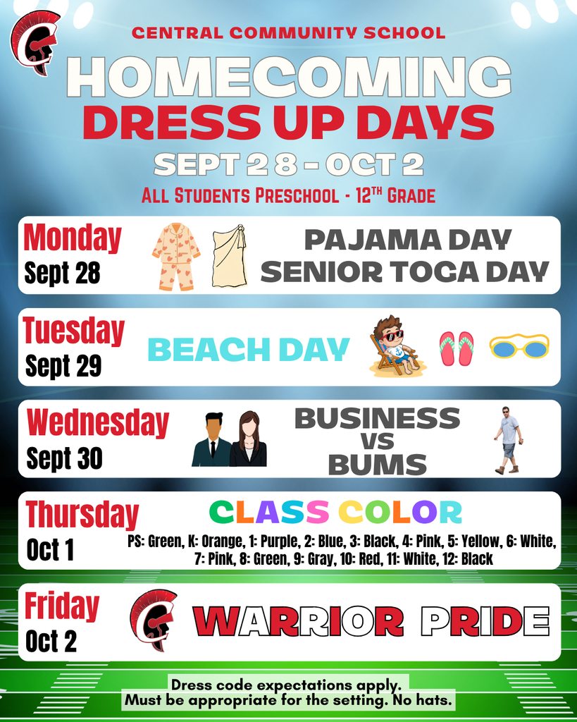 homecoming dress up themes Central Community School's week dress-up (Sept 28-Oct 2) edit: party aw24