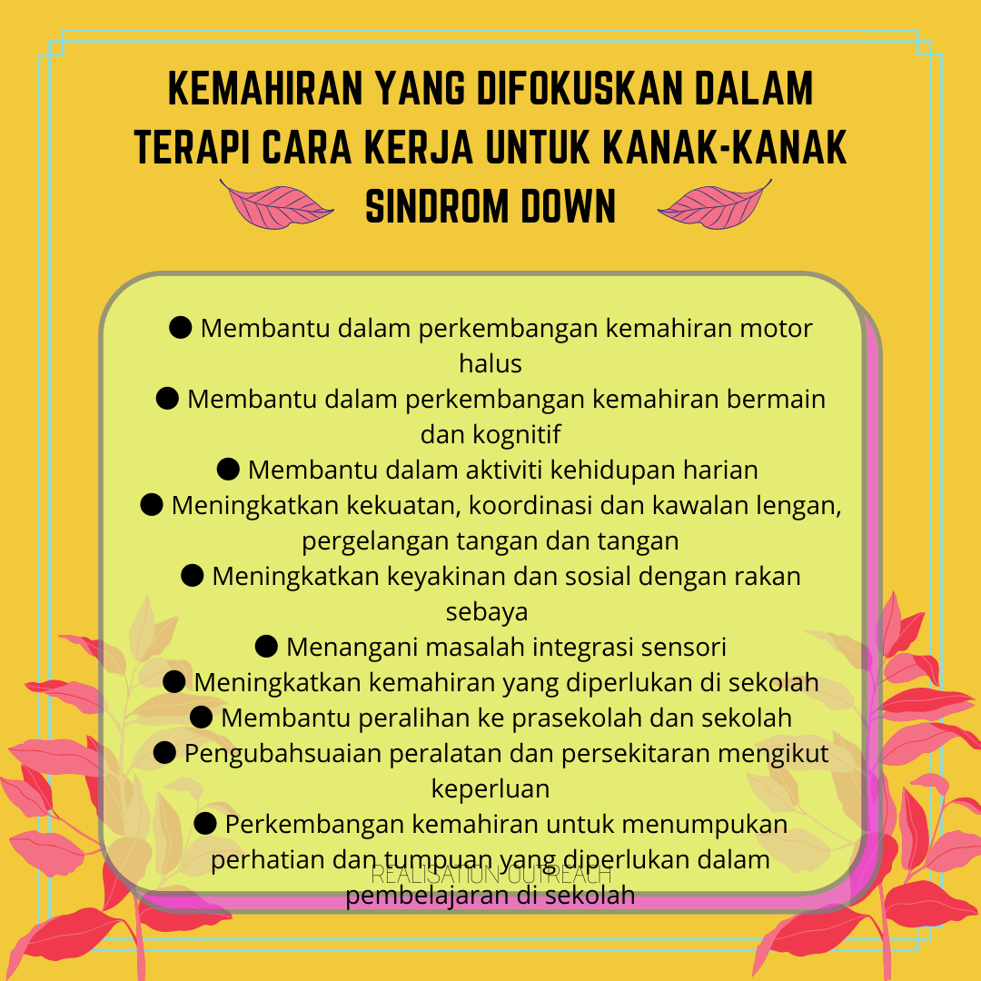 Realisation Outreach Terapi Cara Kerja Boleh Membantu Kanak Kanak Dengan Sindrom Down Untuk Memperoleh Kemahiran Motor Halus Kognitif Dan Kemahiran Kehidupan Yang Dapat Menggalakkan Penyertaan Mereka Dalam Aktiviti Secara Tidak Langsung Melalui