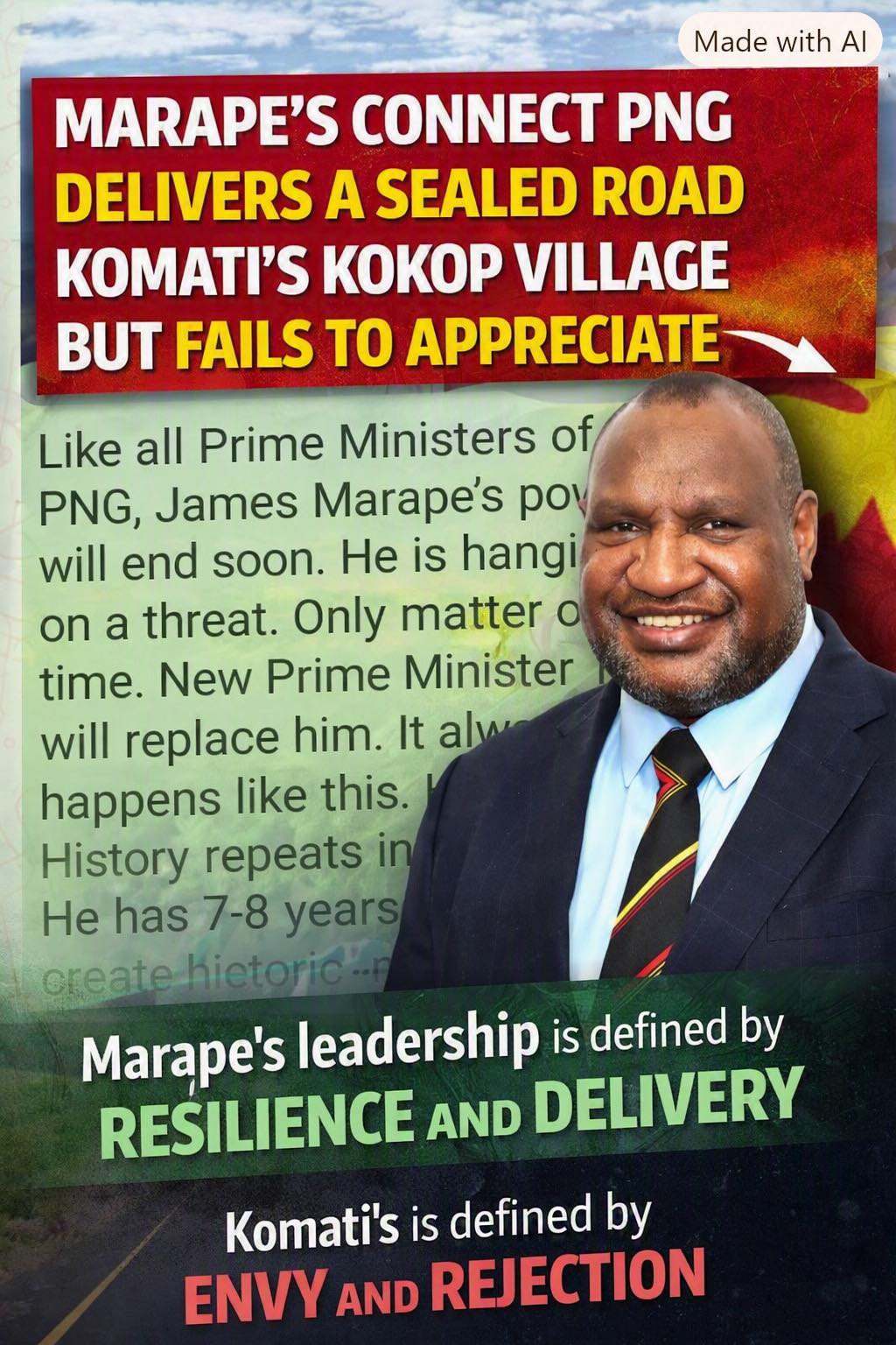MARAPE'S CONNECT PNG DELIVERS A SEALED ROAD TO KOMATI'S KOKOP VILLAGE BUT FAILS TO APPRECIATE ================================== Yet Carries an Hourly Voice of Envy, Not Reason on Social Media Samson Komati's endless criticism