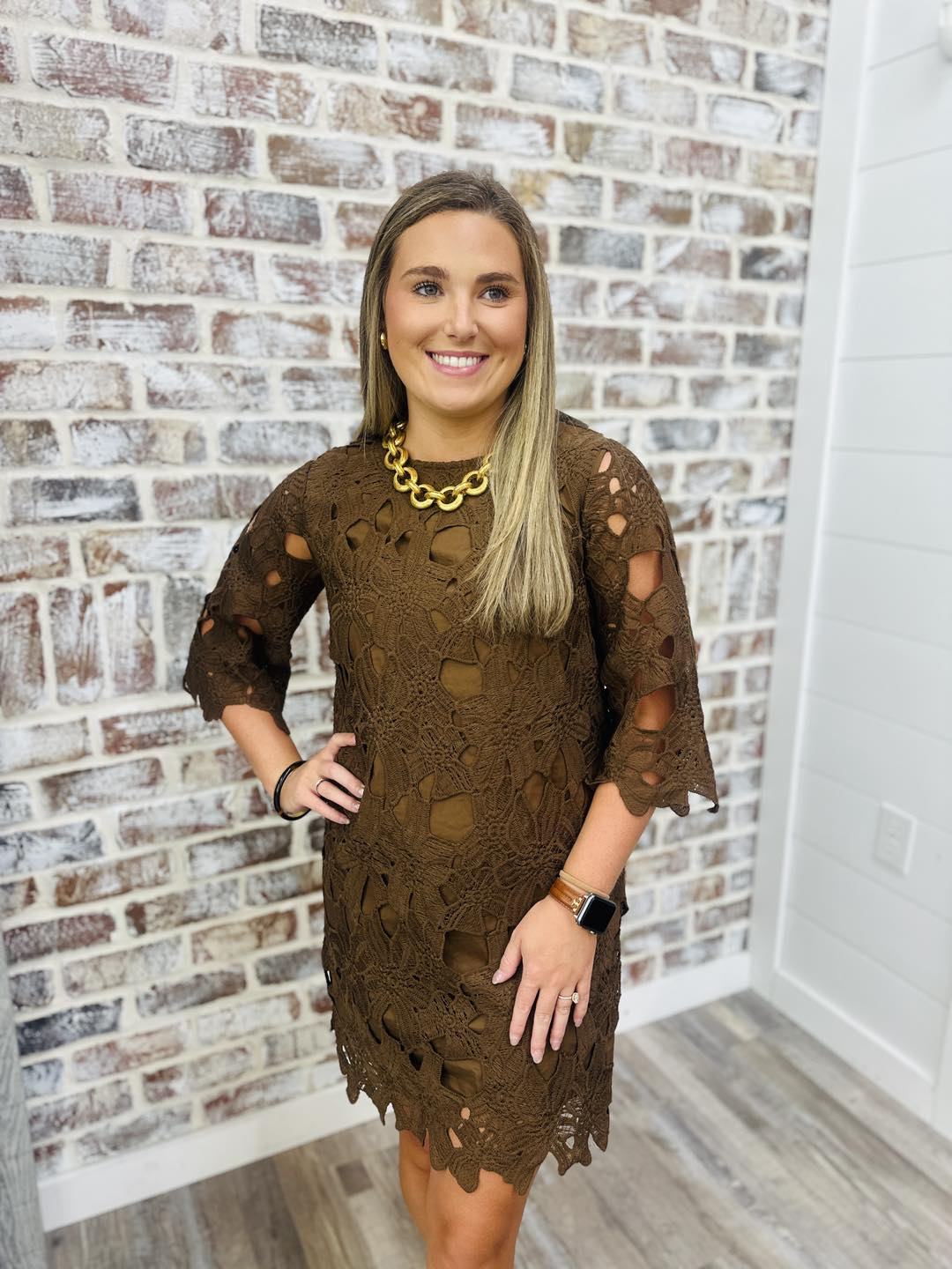 Chocolate lace crochet dress for classy occasions