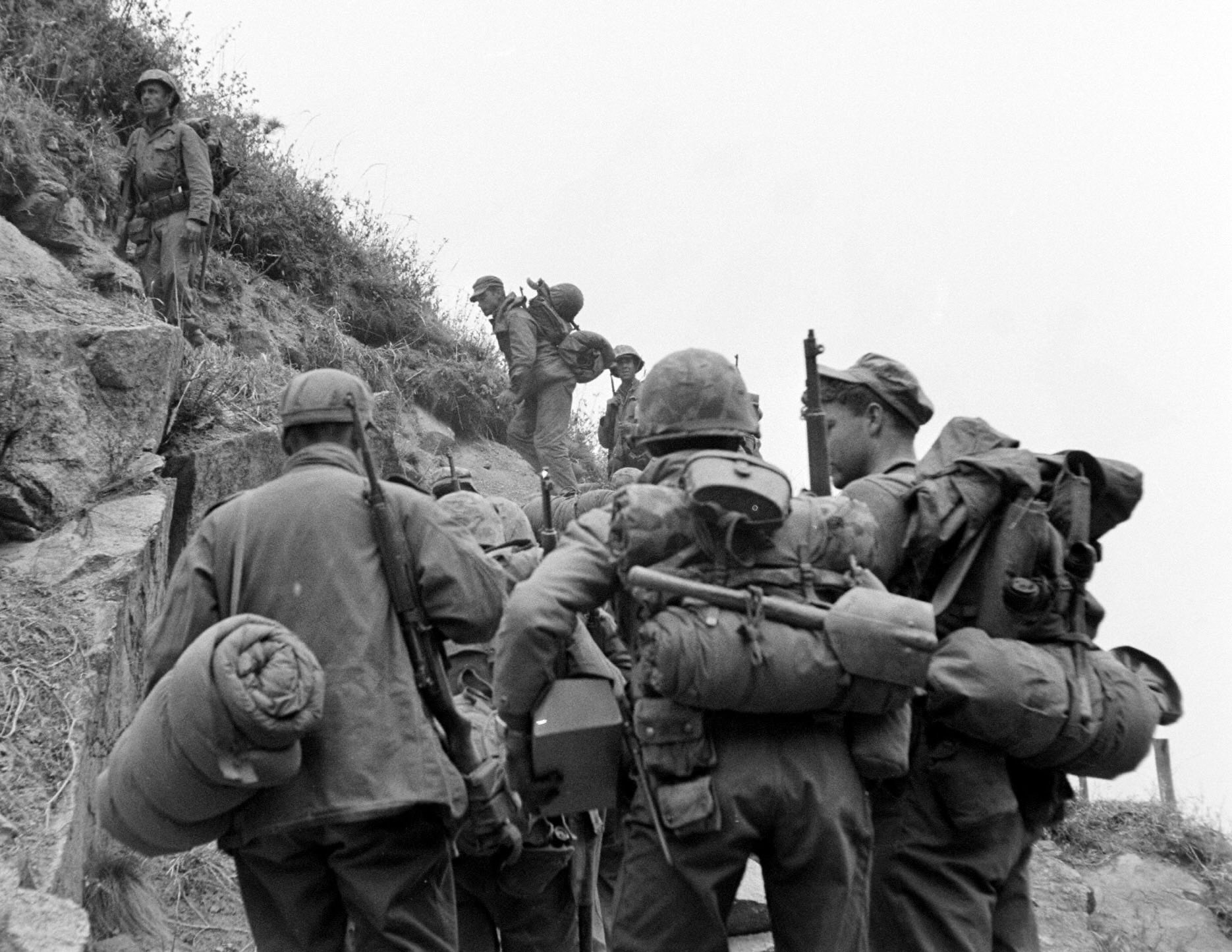 world-us-marines-advance-on-hilly-terrain-in-korea-april-1951-life