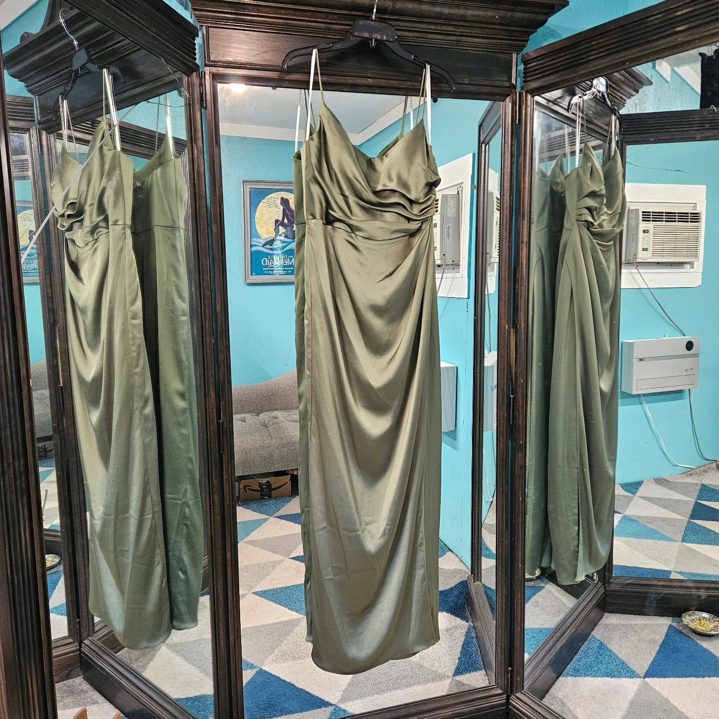 Took in the sides and shortened the straps on this bridesmaid dress