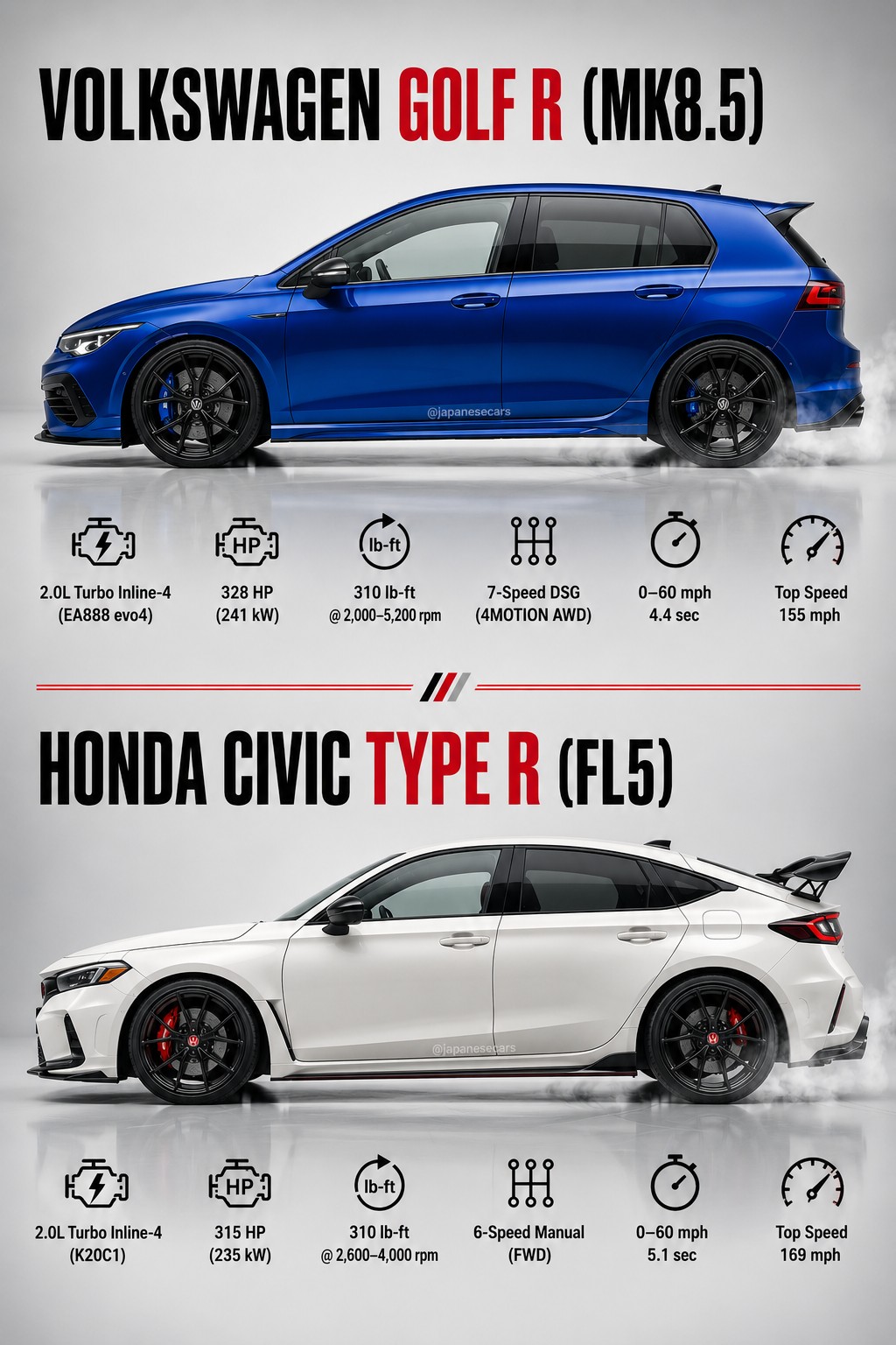 The Honda Civic Type R and Toyota GR Supra 2.0 seemingly have