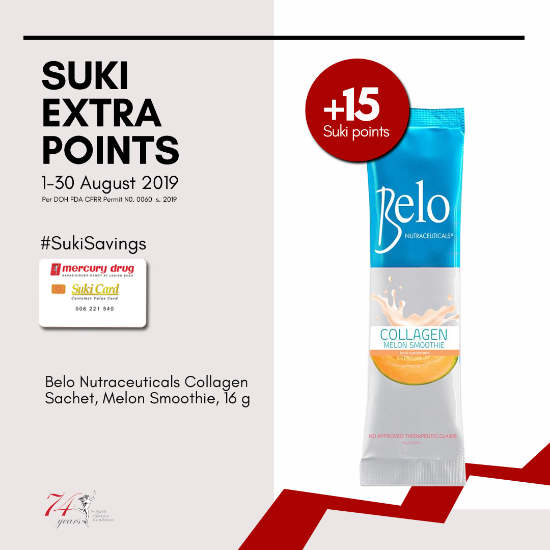 15 #SukiExtraPoints for every purchase of Belo Nutraceuticals Collagen sachet. Available at Php140. #SukiSavings #ParaSaYoSuki #SukiBeYourBest Visit link https://goo.gl/oOHhZl for the complete list of products with additional Suki points
