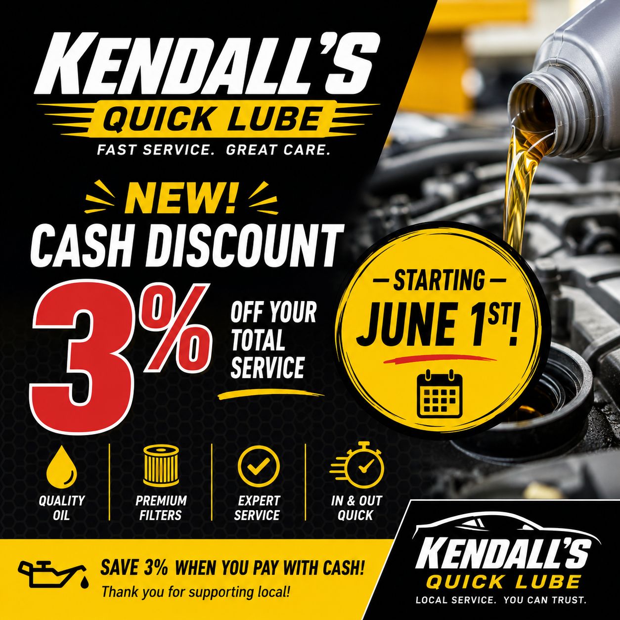 Kendall's Quick Lube updates pricing and offers 3% cash discount