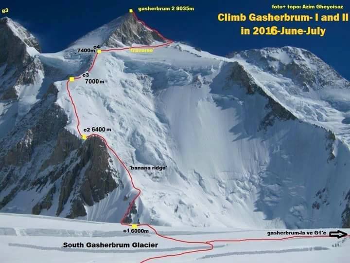 The Gasherbrum IV and its Shining Wall, with the route of the