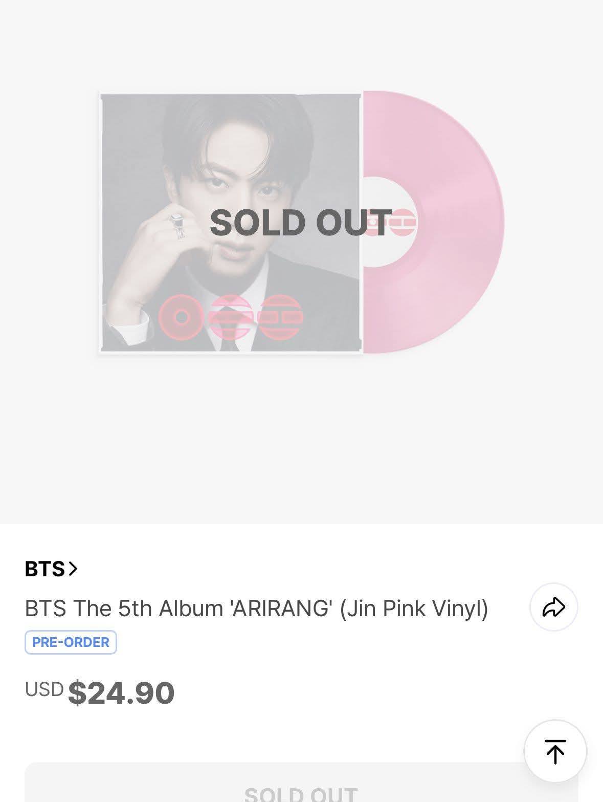 Jin's pink vinyl is currently sold out on WEVERSE USA let's wait