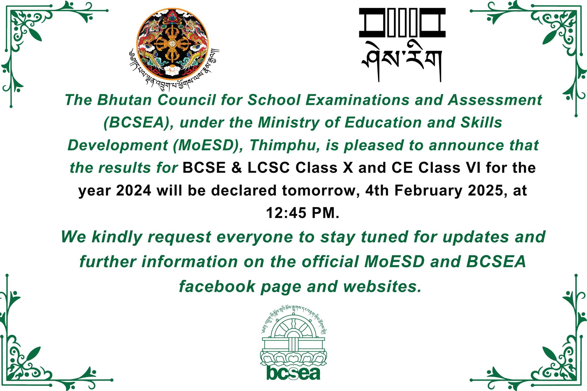 BCSE & LCSC Class X and CE Class VI Results Declaration