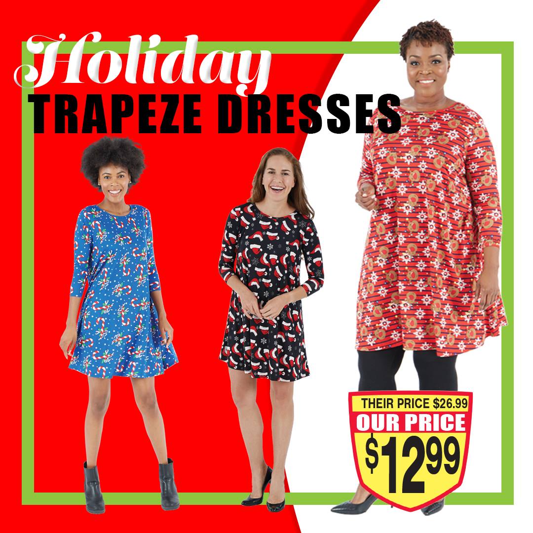 Feeling Festive? Ladies Holiday Design Trapeze Dresses Are Sure to Kick Your Style Up a Notch and Get You in the Holiday Spirit!