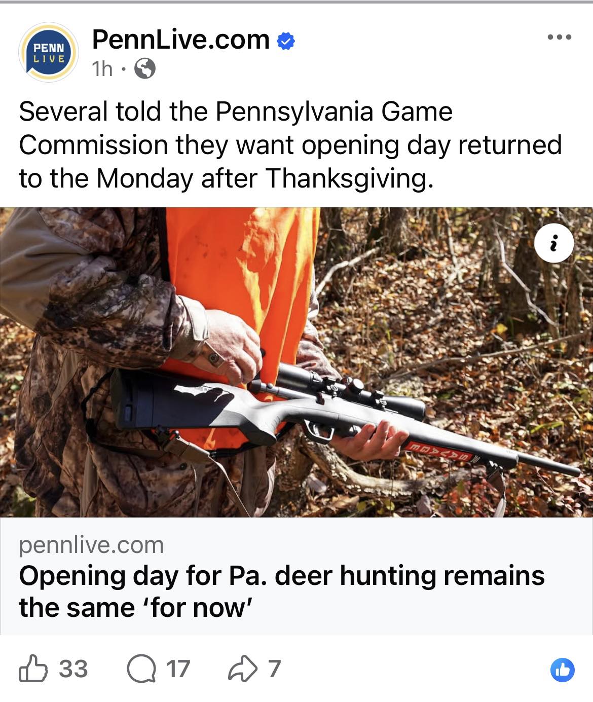 Pennsylvania Hunters Against The Saturday Deer Opener | Facebook