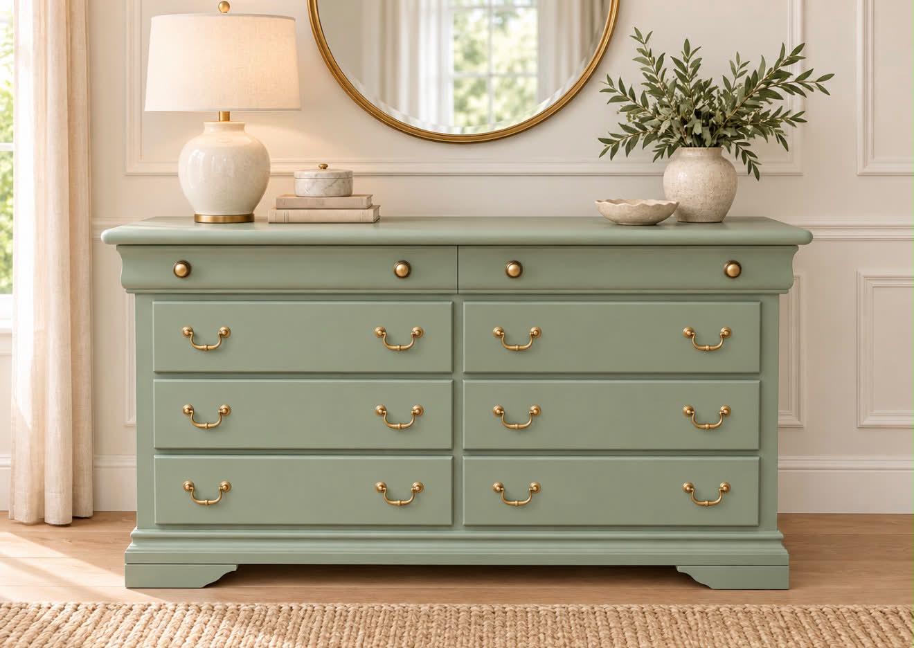 bright green dresser Beautiful sage-green with elegant gold hardware, roomy storage, and a fresh, timeless style! $349 (Vendor 118) vacation-fw