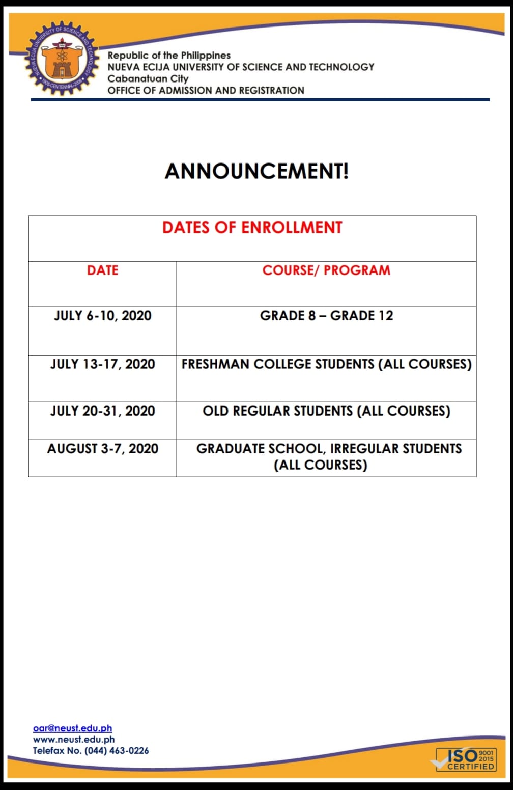 NEUST Office of the Admission and Registration-OAR - Please see the ...