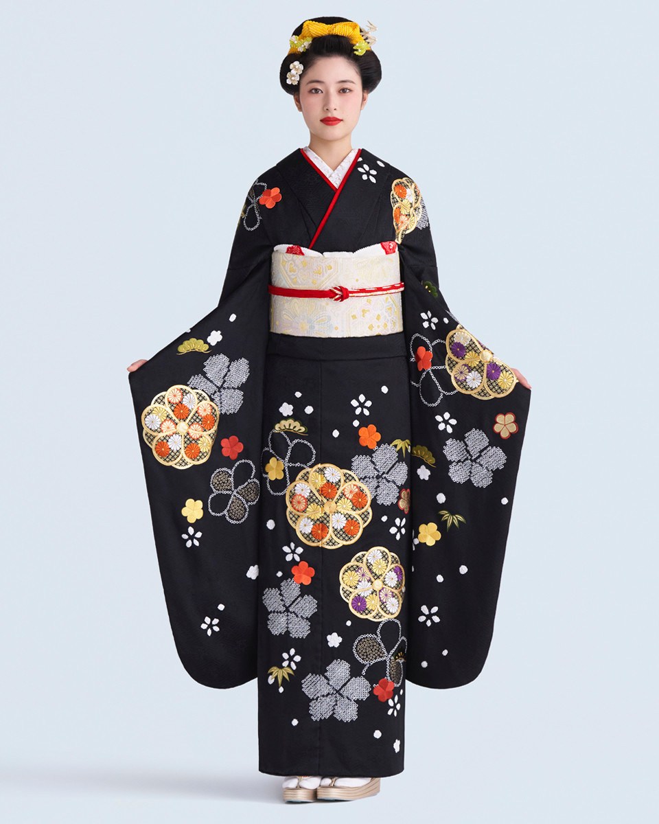 黒地⭐️着丈177cm⭐️裄68cm⭐️正絹絞り全総松柄振袖掛下衣装⭐️貴重品⭐️売り切り CHISO Furisode 千總 振袖 三友の舞 - さんゆうのまい - 深い黒の地色