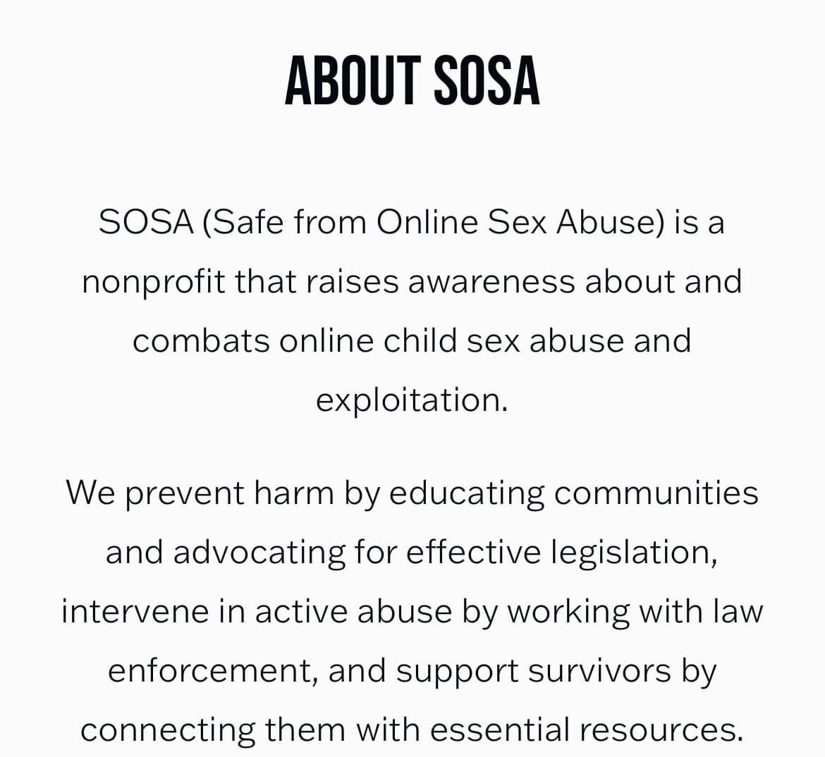 Through her organization SOSA (Safe from Online Sex Abuse), child