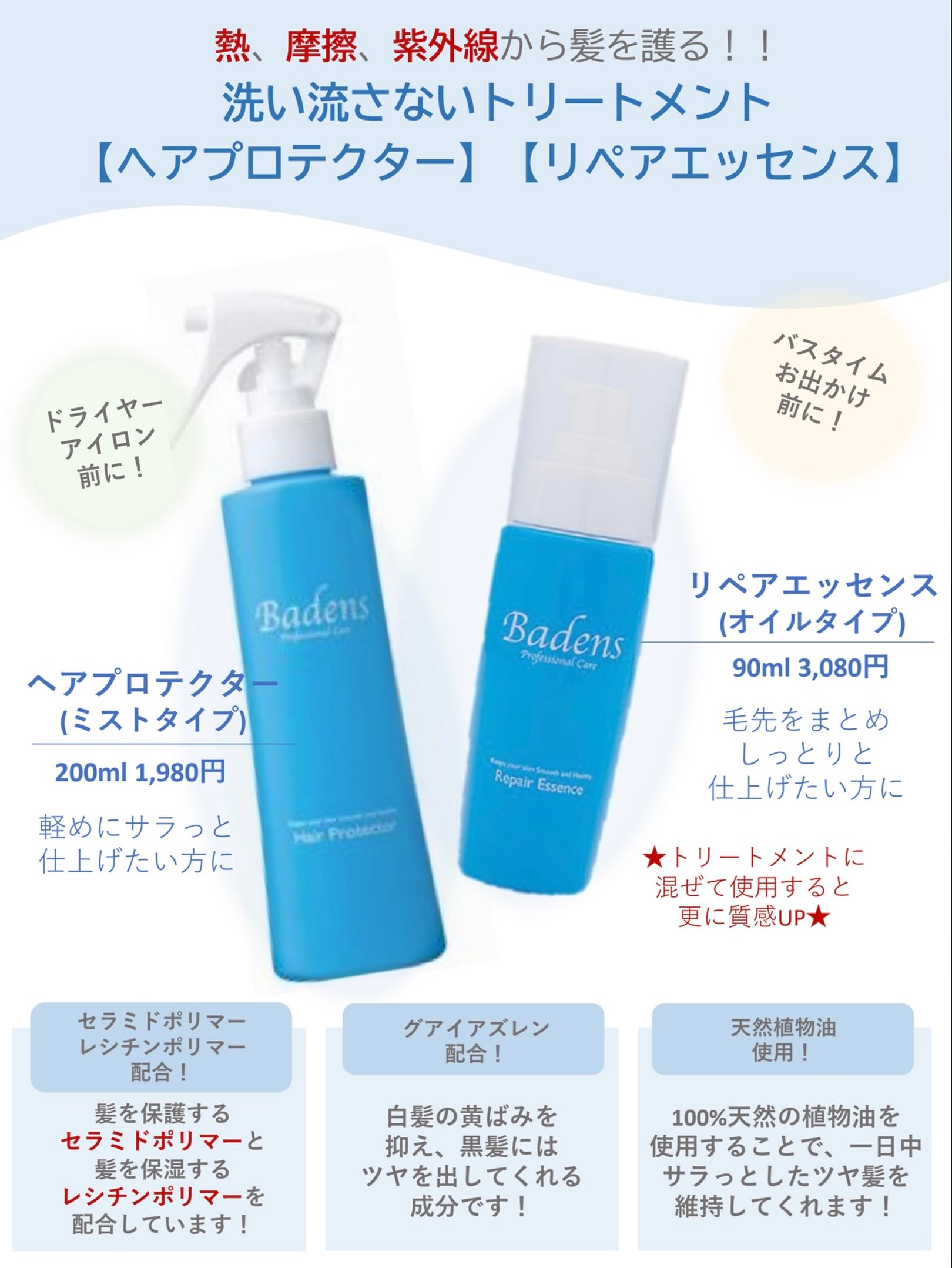 ヘアケア 【セット】Badens ヘアプロテクター200ml＋リペアエッセンス90ml