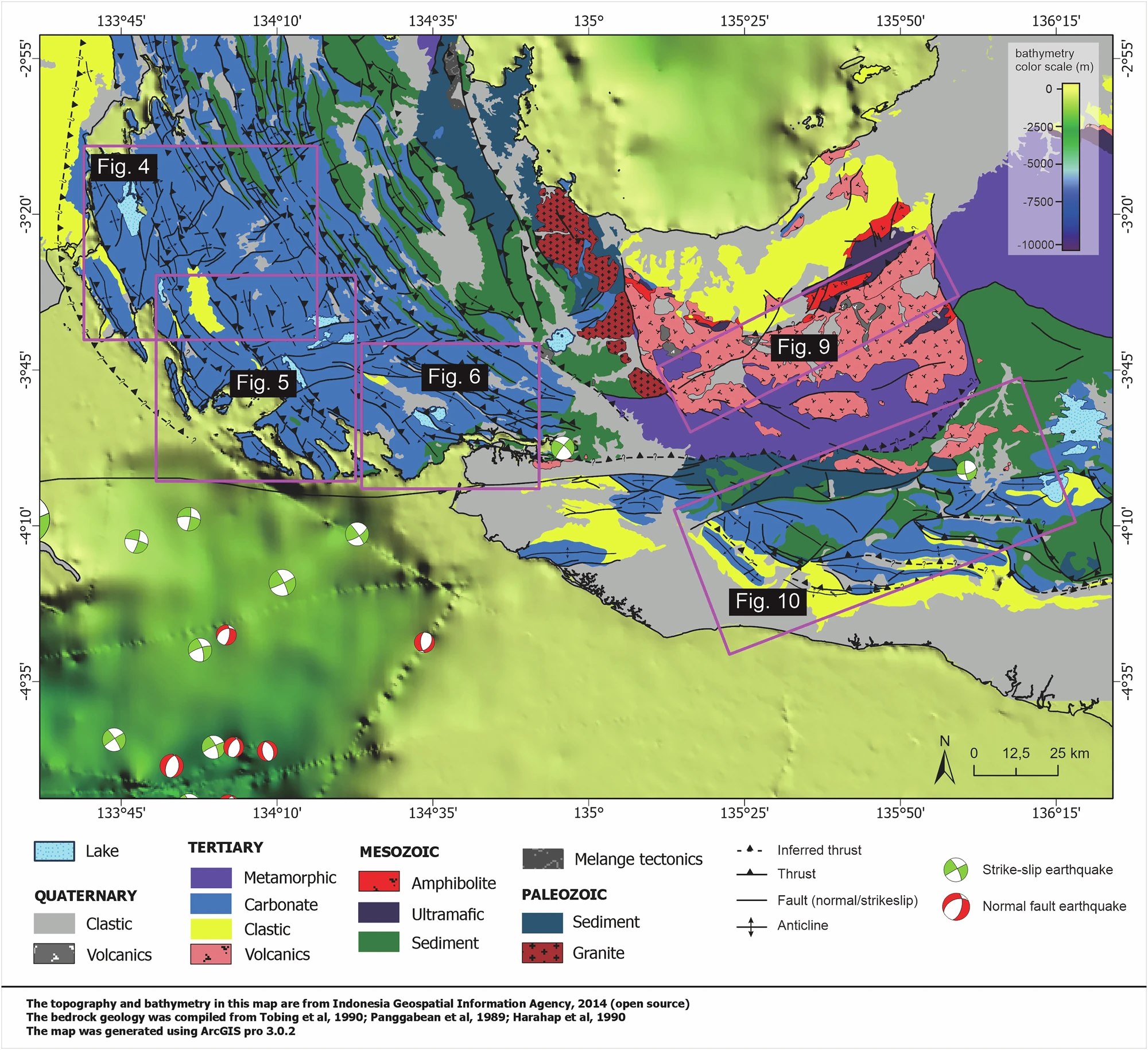 Bedrock geology superimposed on topography, with rectangular 