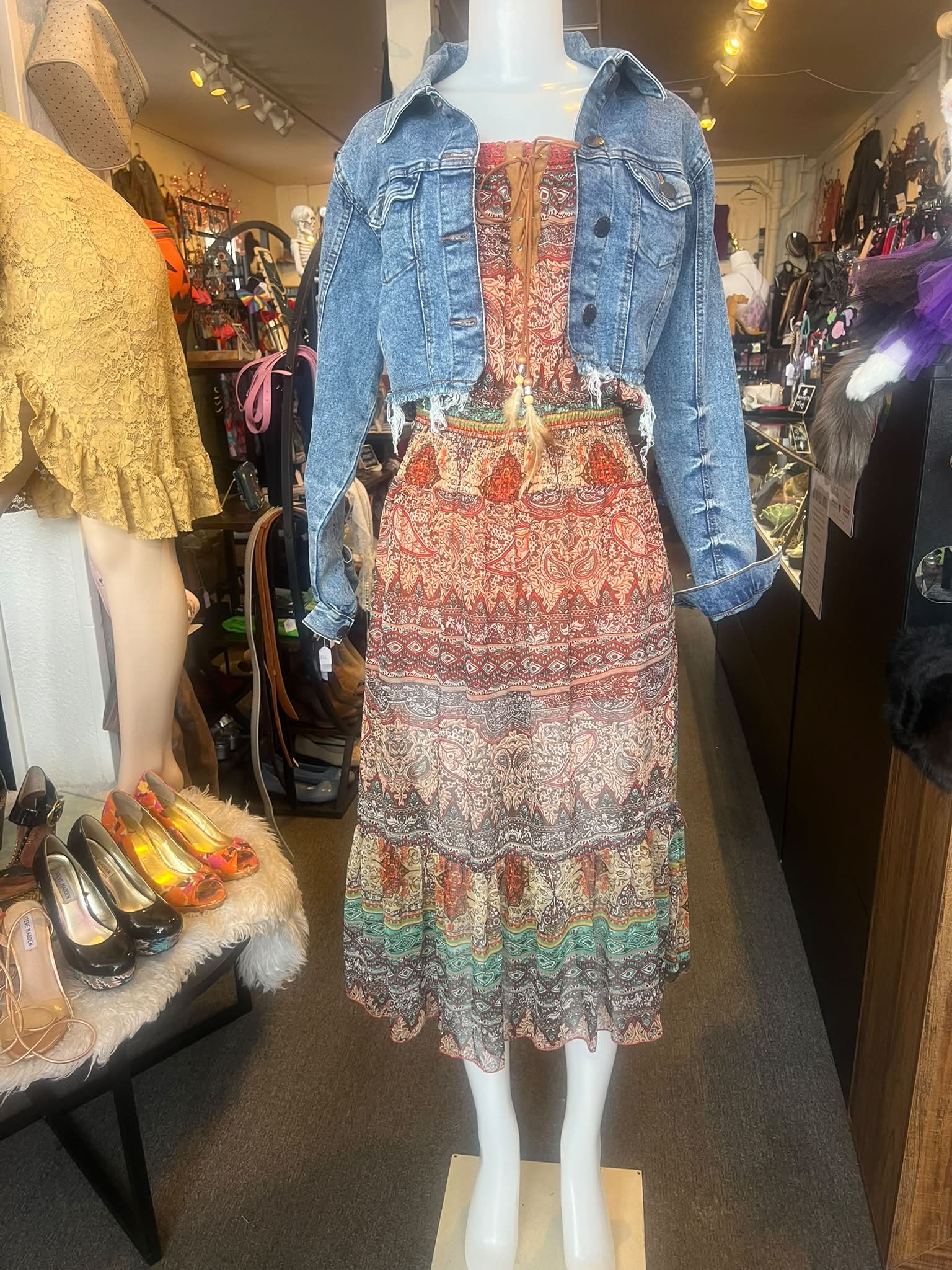 bohemian dress with denim jacket Boho and outfit in Oak Harbor Sleeveless Tiered Above the