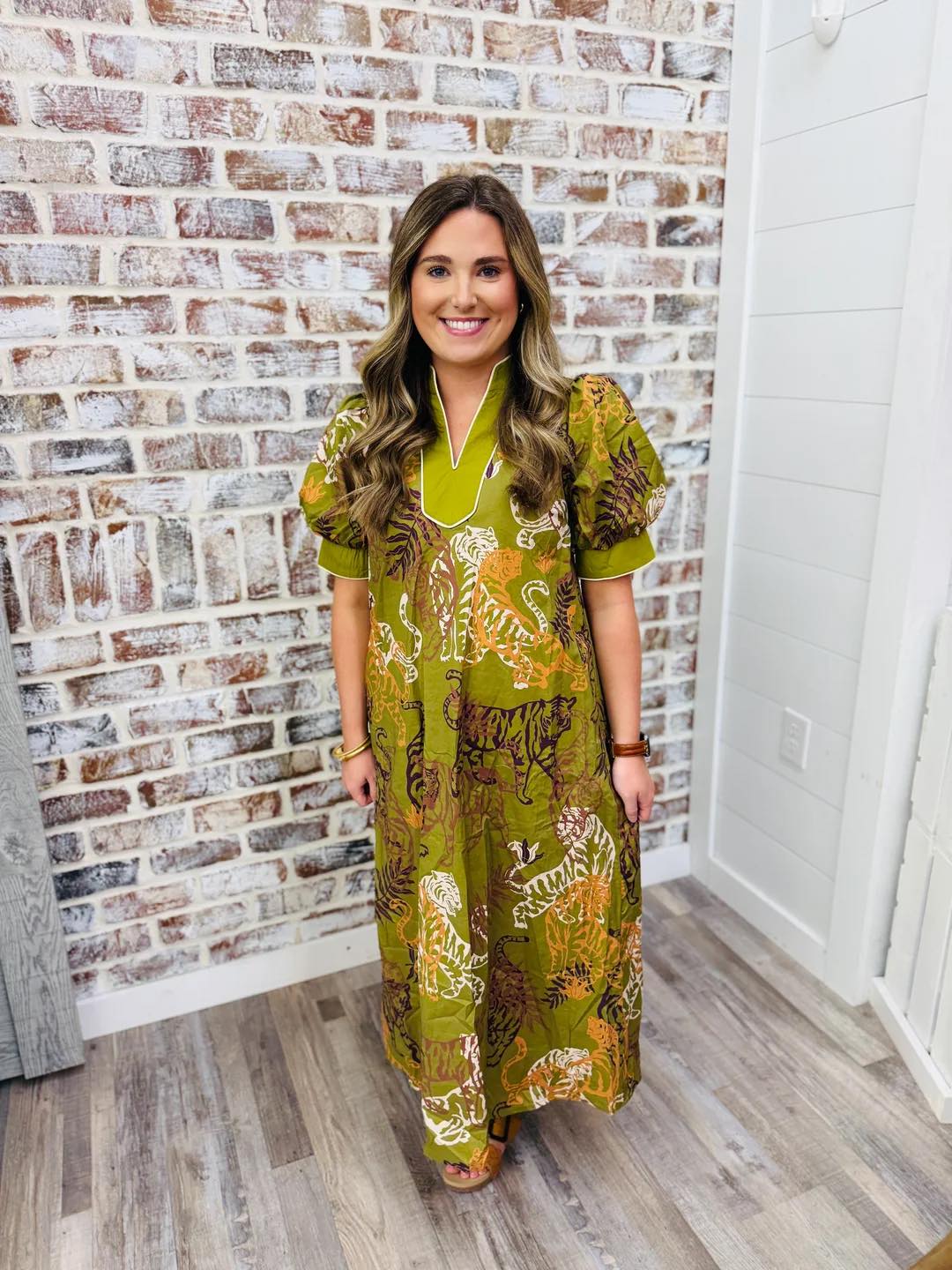 olive green and orange dress Fierce for Fall midi with bold print color attribute:pattern:Polka Dots