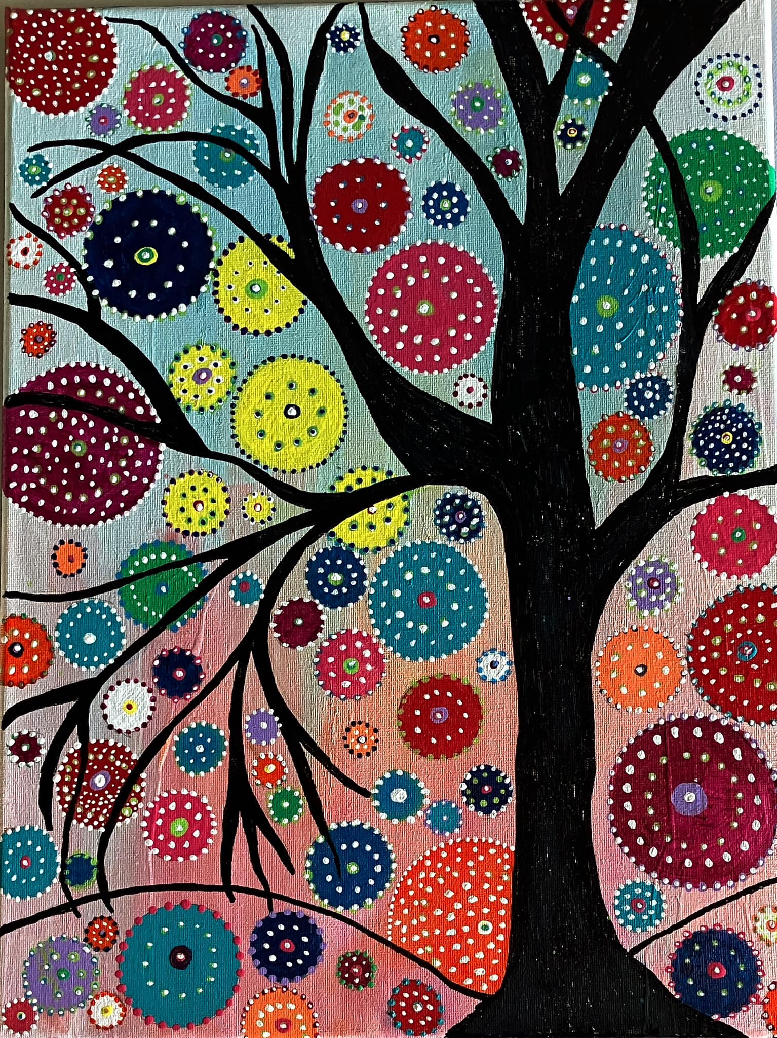 Artist shares whimsical acrylic painting the tree of happiness