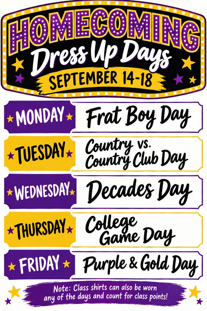 dress up day ideas for homecoming 💜💛 DRESS-UP DAYS! 💛💜 Homecoming Week is almost here, Vikings! 🎉 Check out the dress-up days and start planning your outfits! “Nothing great was ever achieved without enthusiasm.” — Ralph Waldo NA-09.19.25AM