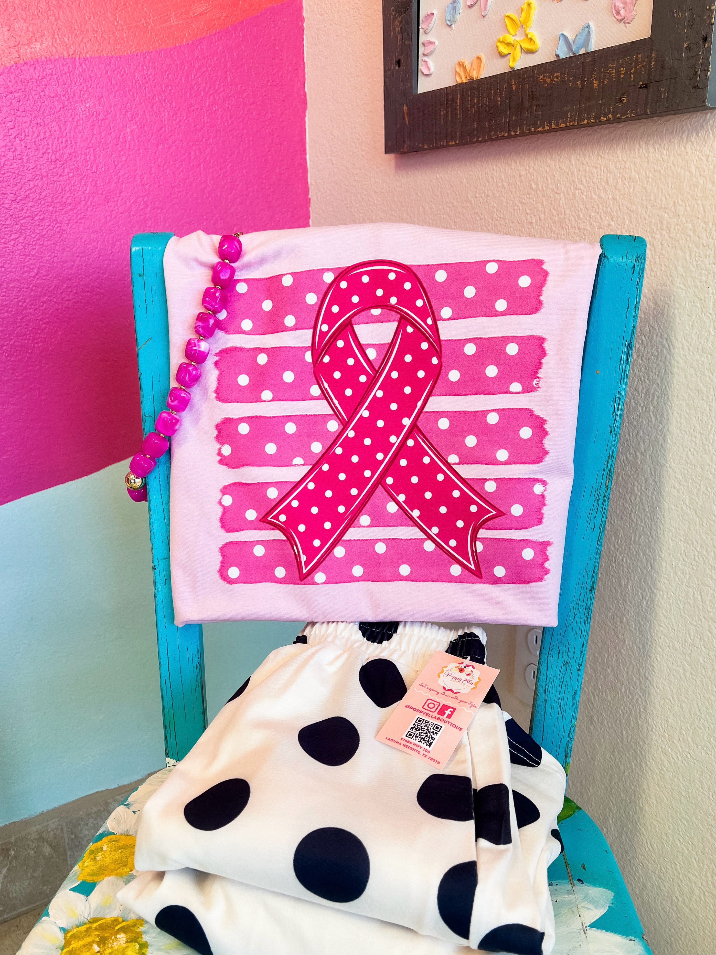 Pink ribbon tee at poppy ella boutique in deep south tx