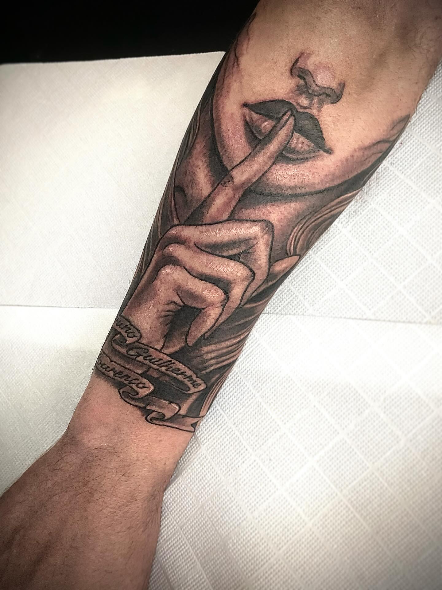 Silence! #face #woman #tattoo #finger #banner #ink #blackgrey
