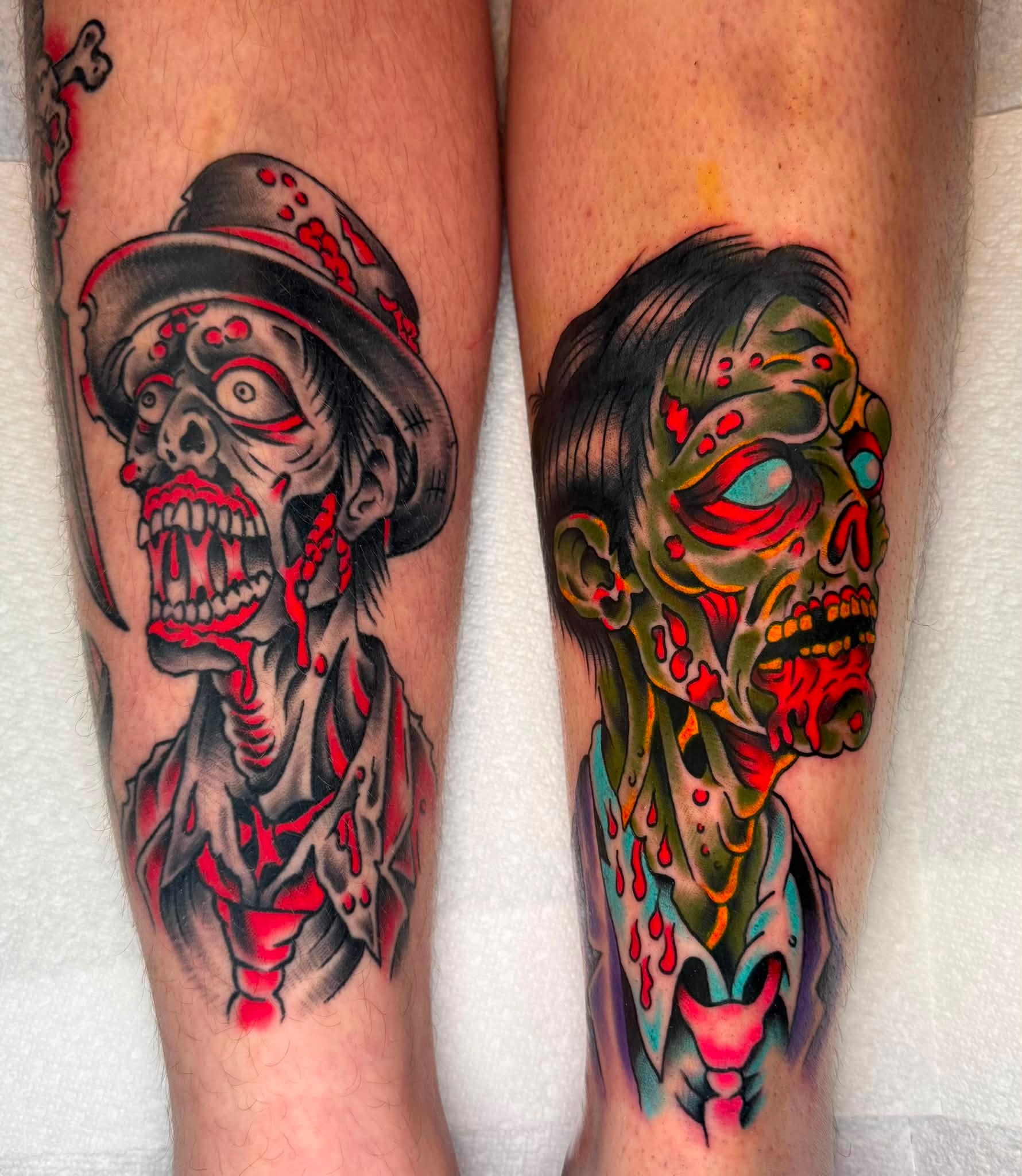 Zombie tattoos from flash sheet on shins
