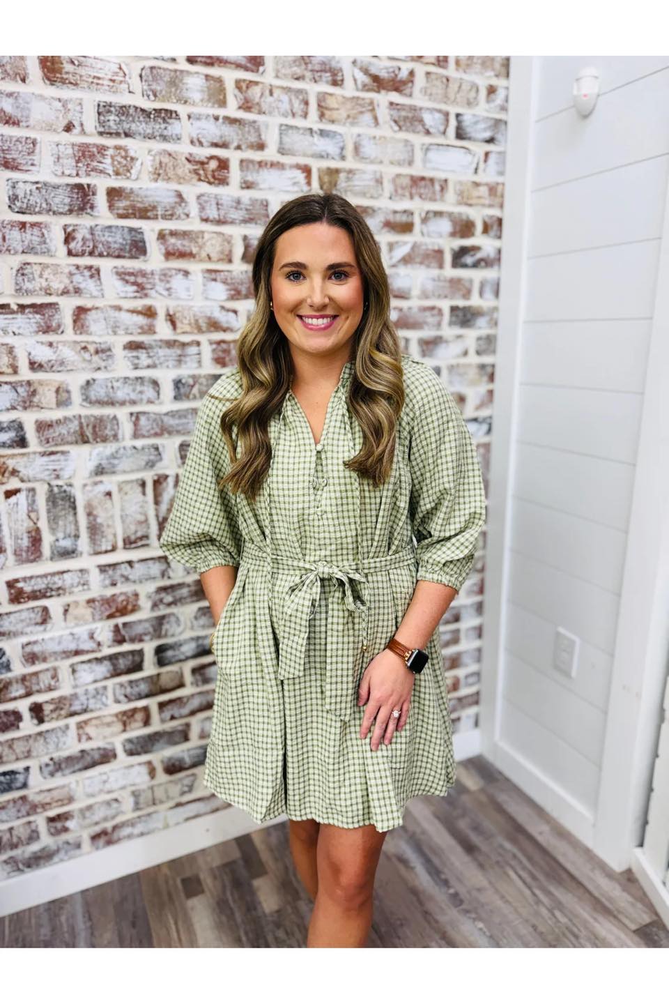 sage green gingham dress with tie waist at Pembroke Pharmacy Boutique Womens (Girls)
