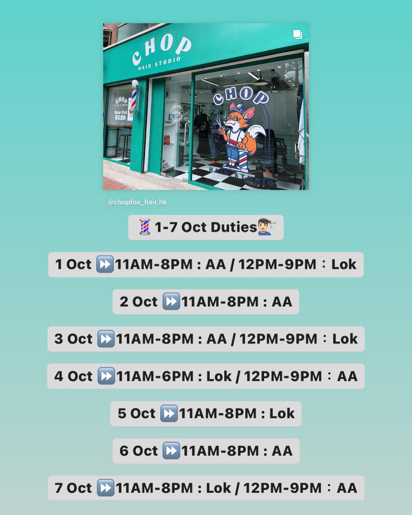 ChopFox HK - 💈1 - 15 Oct Roster 💈 - 💰 Cut , Fading