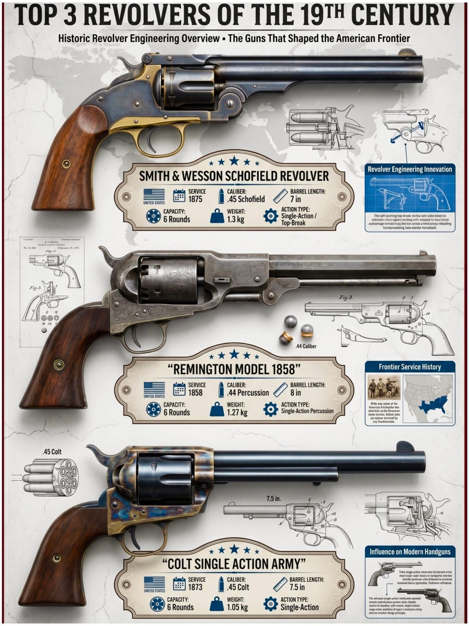 This infographic highlights three classic military revolvers from