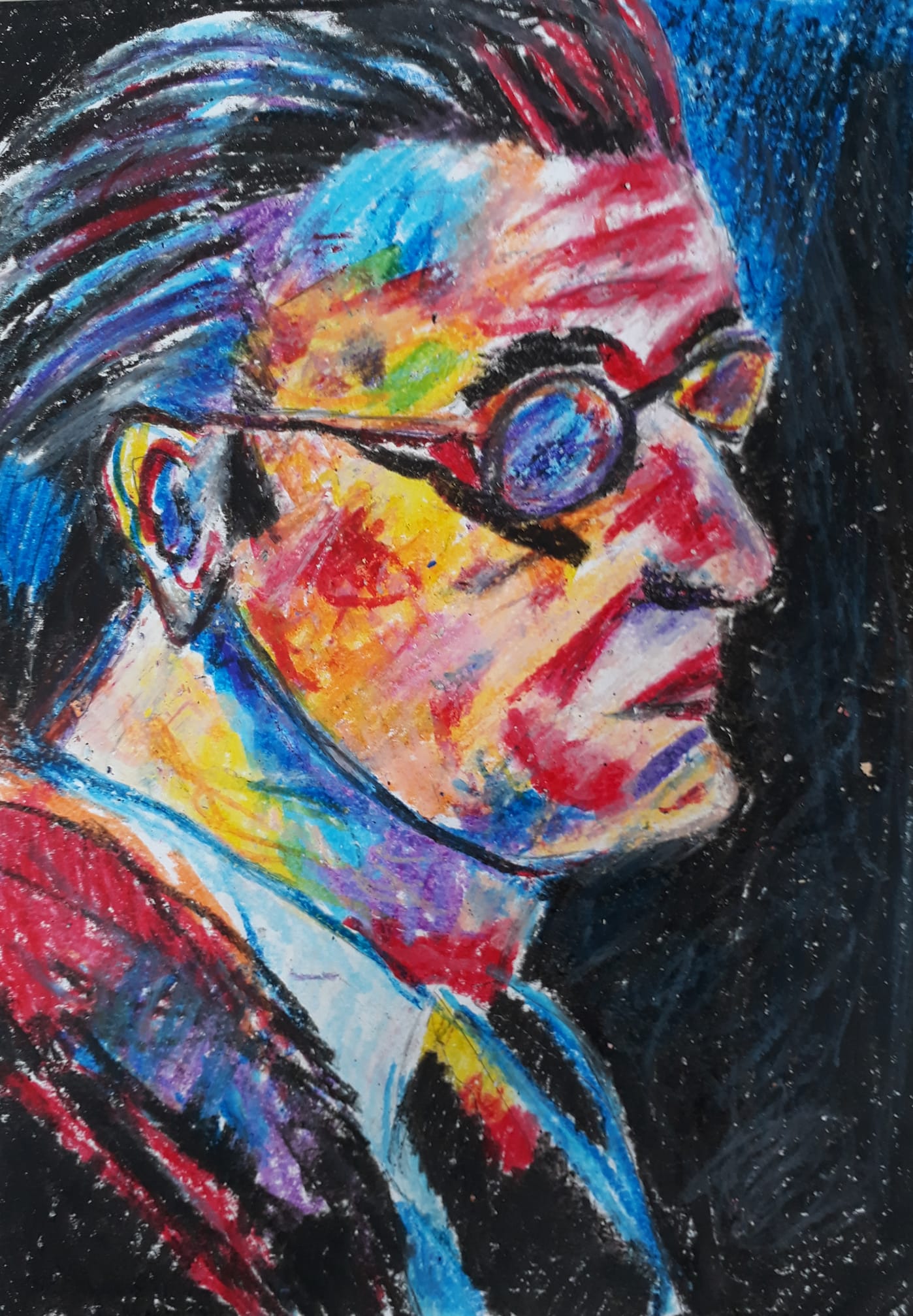 Bill Evans portrait in Prismacolor on black art board