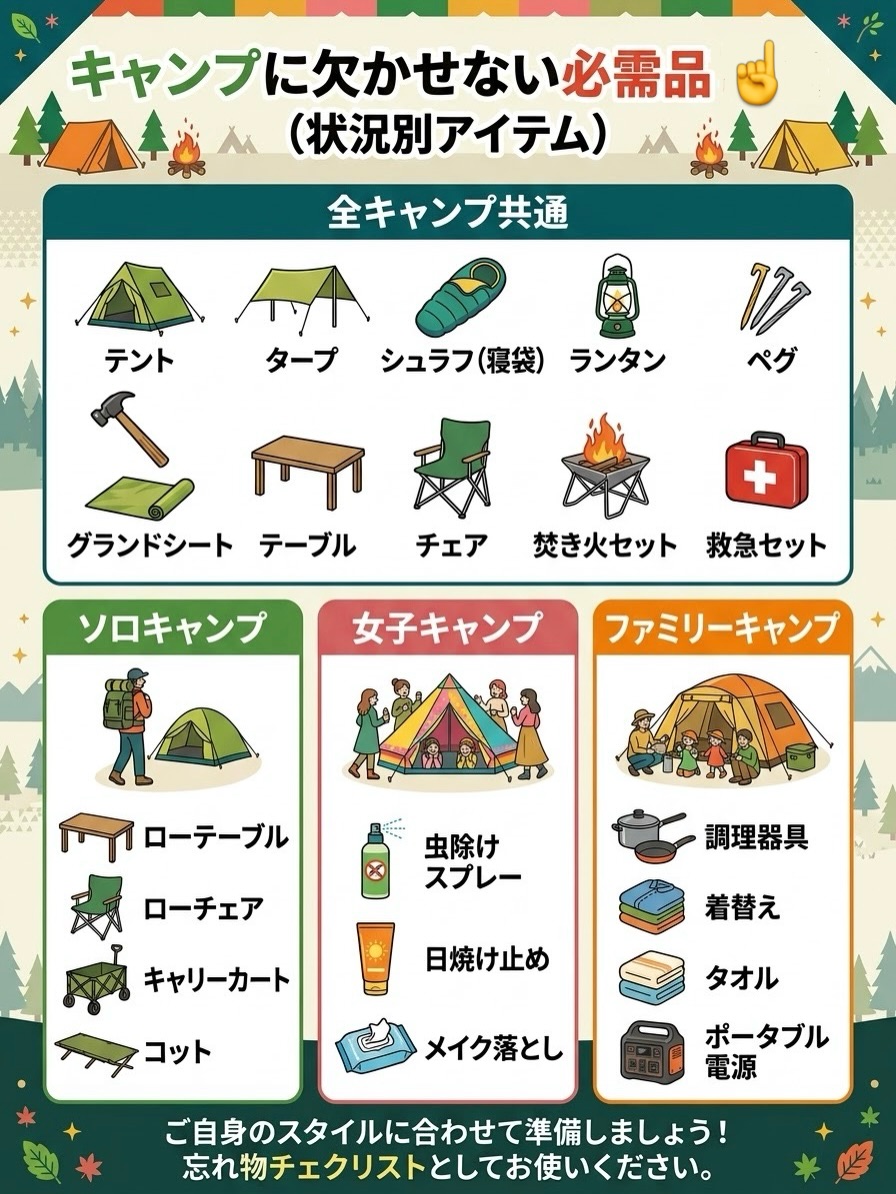 キャンプの必需品 キャンプに欠かせない必需品リスト （状況別アイテム） 【全キャンプ