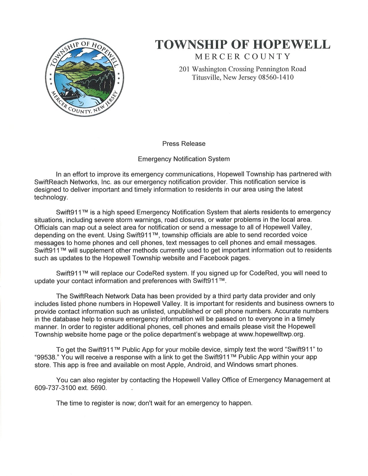 Swift911 - New Emergency... - Hopewell Township NJ Police