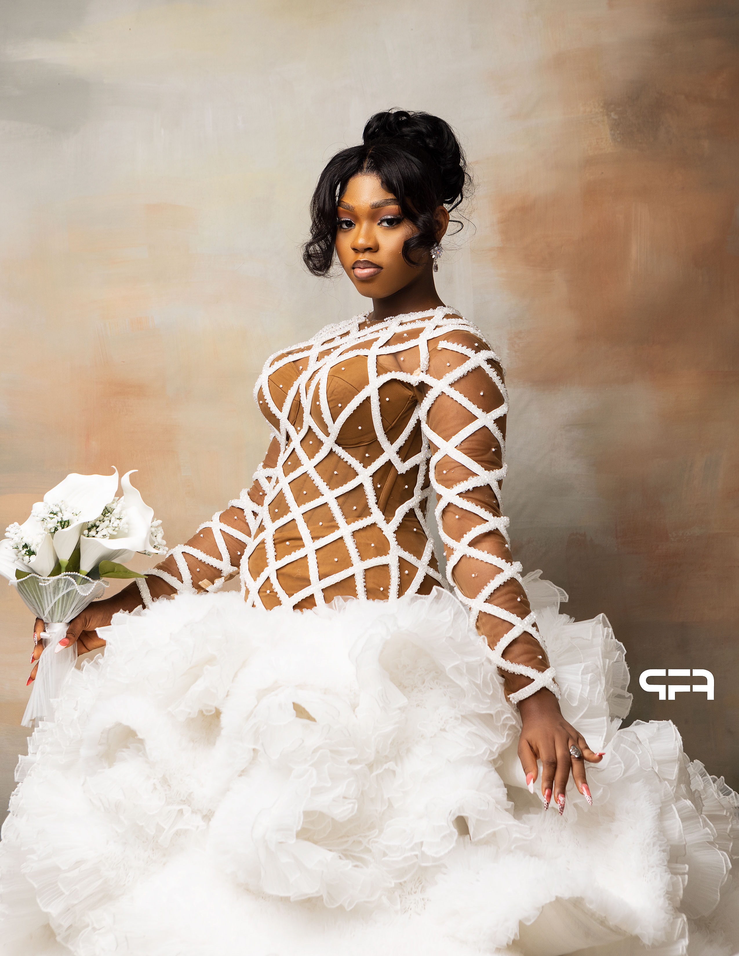 dress with layers of ruffles This looks like something out a fairytale🥹, the upon layers of give it such a dreamy look. The brown bodice and criss cross is so unexpected and that's Military Insignia