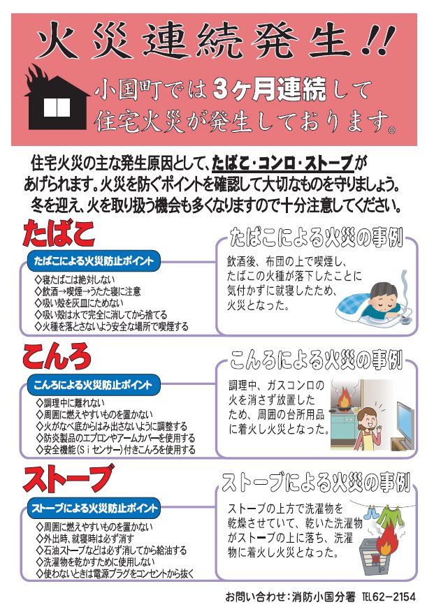 山形県小国町役場 火災連続発生 火の元には十分注意しましょう 小国町では３ヶ月連続して住宅火災が発生しています 住宅火災の主な発生原因として たばこ コンロ ストーブがあげられます 冬を迎え 火を取り扱う機会も多くなりますので十分注意して