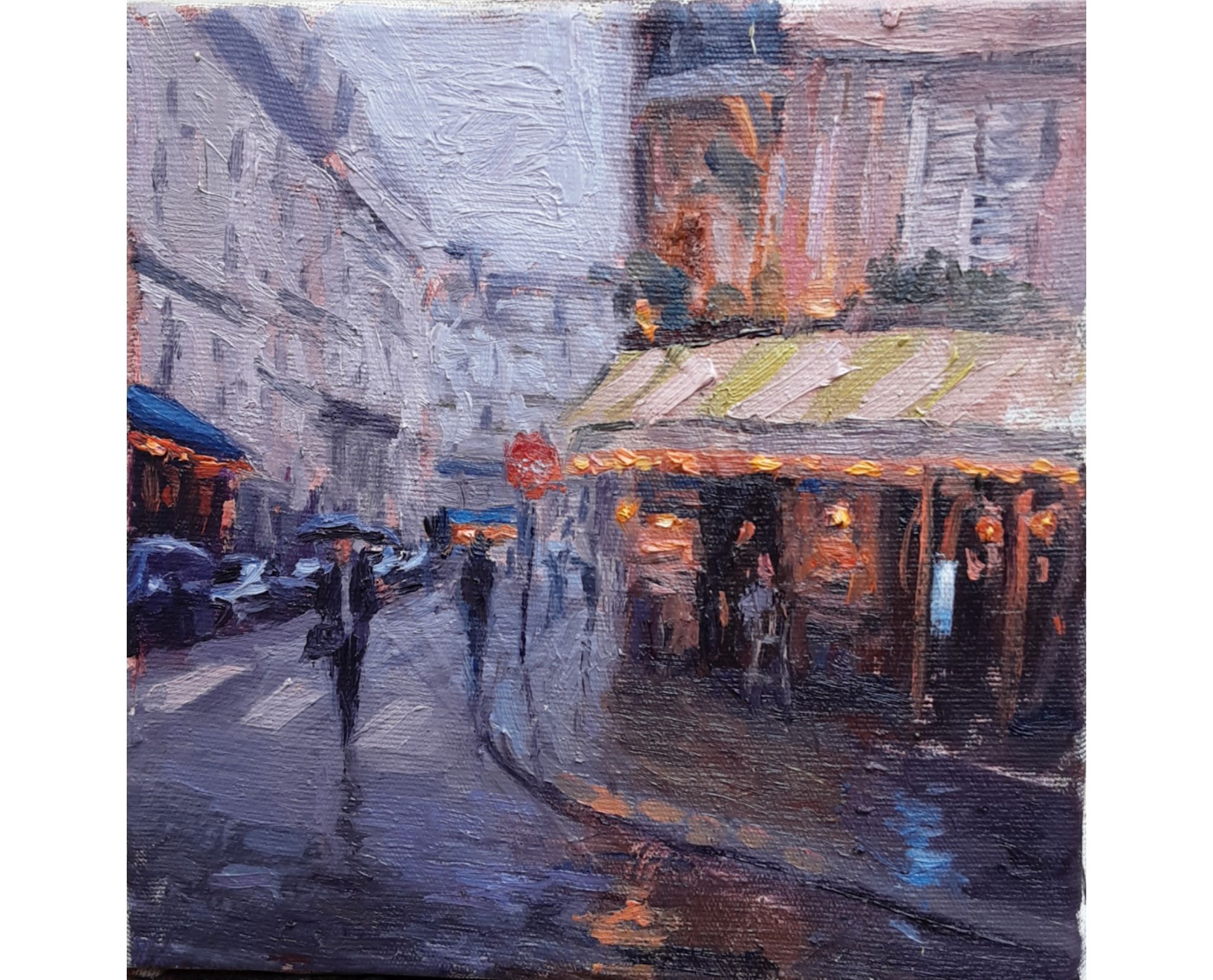 Original 8x8 inch oil painting of a cold city street scene
