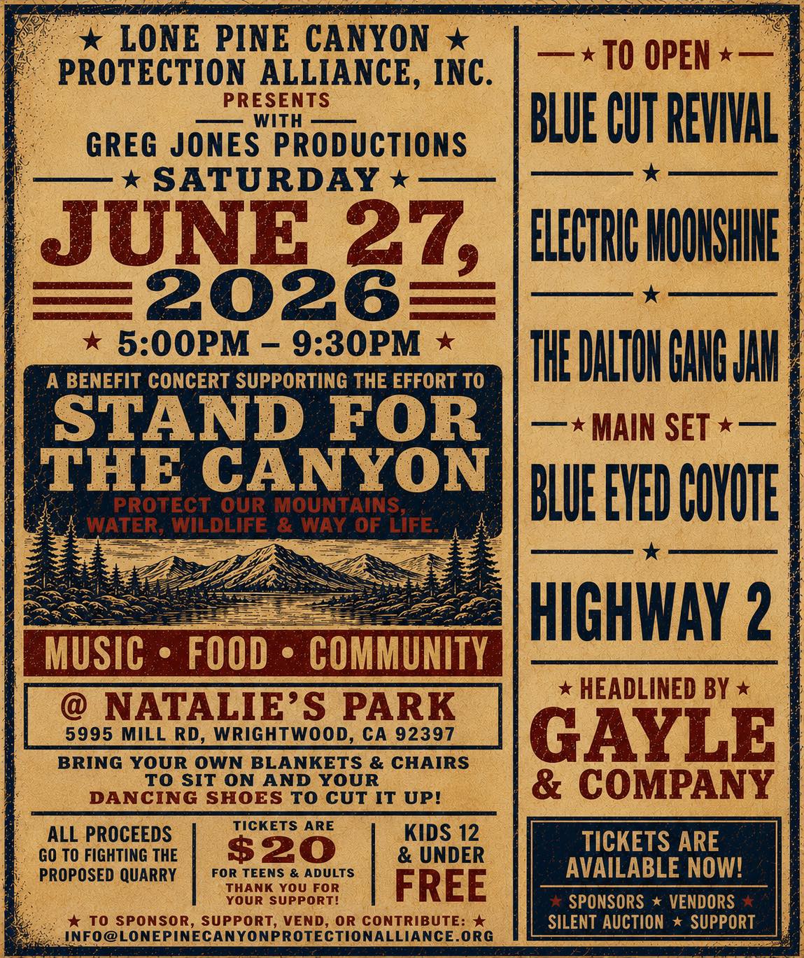 Benefit concert for Lone Pine Canyon protection in Wrightwood, CA