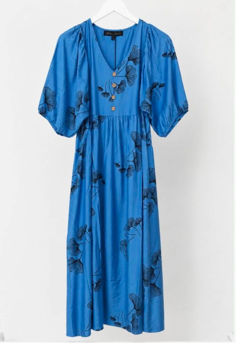 Gingko Leaf midi dress in cornflower blue at Sea Holly Boutique