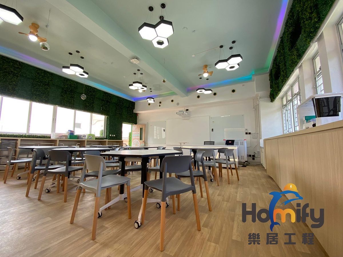 Homify 樂居 - [大功告成]課室搖身一變成為充滿幾何設計的智趣多用途學習空間。六角形桌子由兩張有滾輪設計的可摺... | Facebook