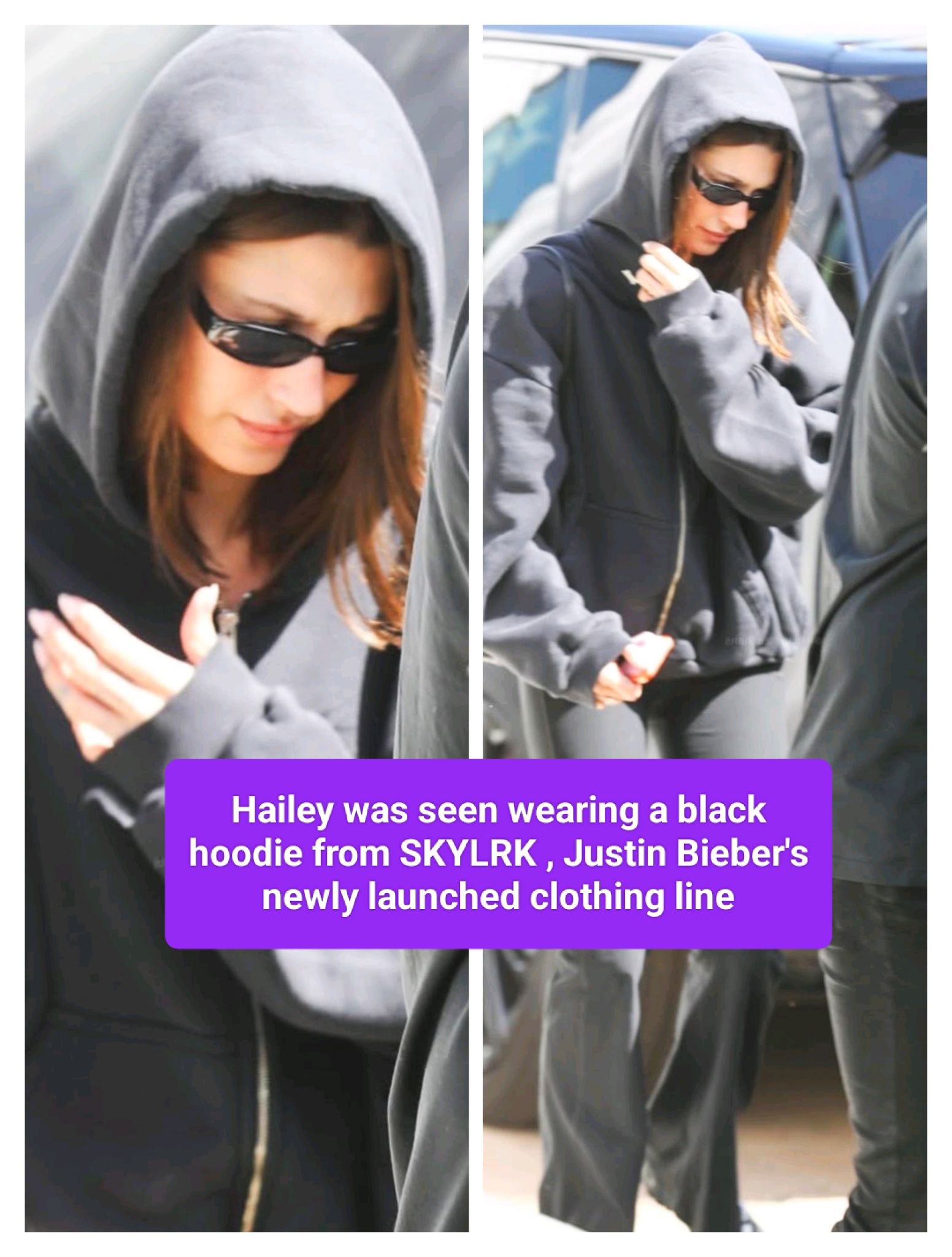 Hailey was seen wearing a black hoodie from SKYLRK , Justin