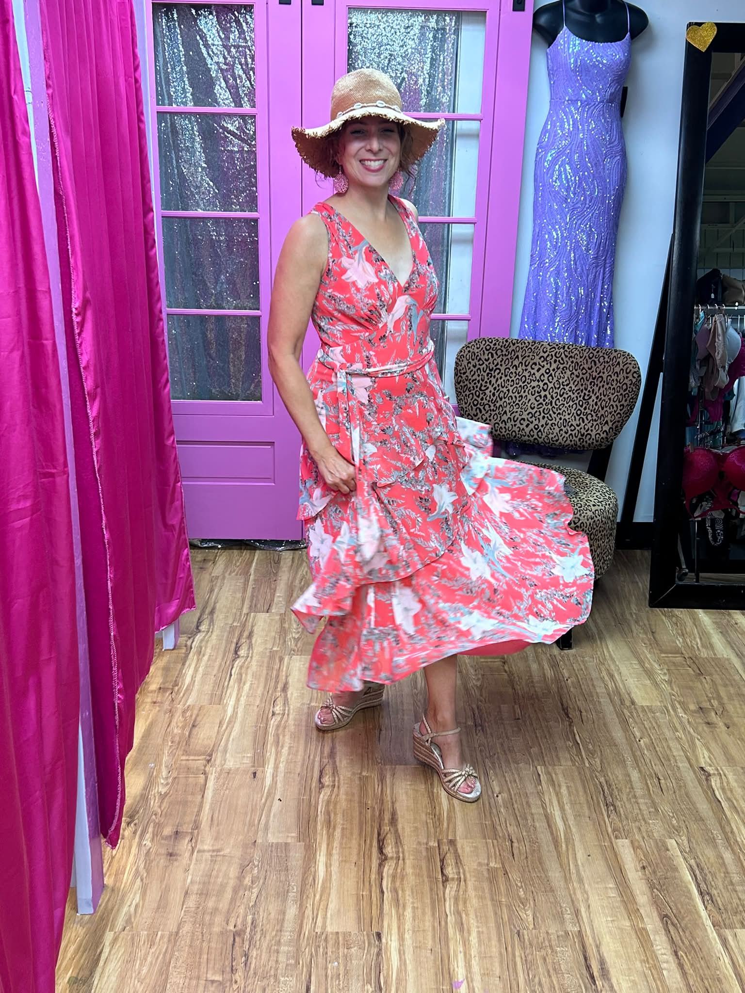 🌼Georgia Barkwood🌼 Chose a White House Black Market dress, Apostrophe wedge sandals, Sonoma hat and pink earrings. Come in tomorrow & put together your own great look and receive 50% off the