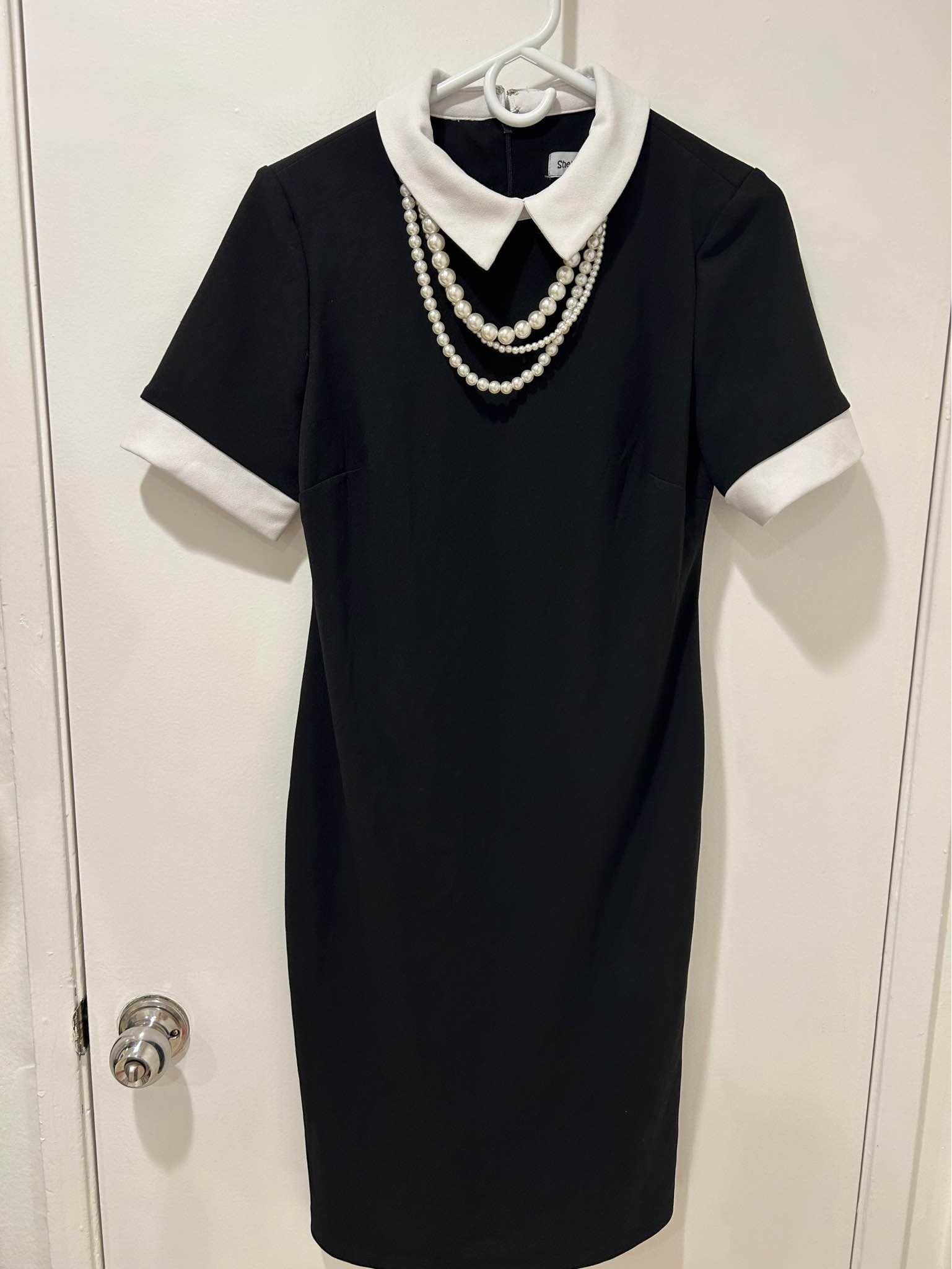 black dress with white collar and cuffs Only worn once. Elegant a collar, white sleeve cuffs, pearl detail. In excellent condition with no damage. Perfect for work, dinner, parties, or special occasions LaDivine 7447 Long Formal pure silk gown Size:32P Elegant Tuxedo Sheath Dress