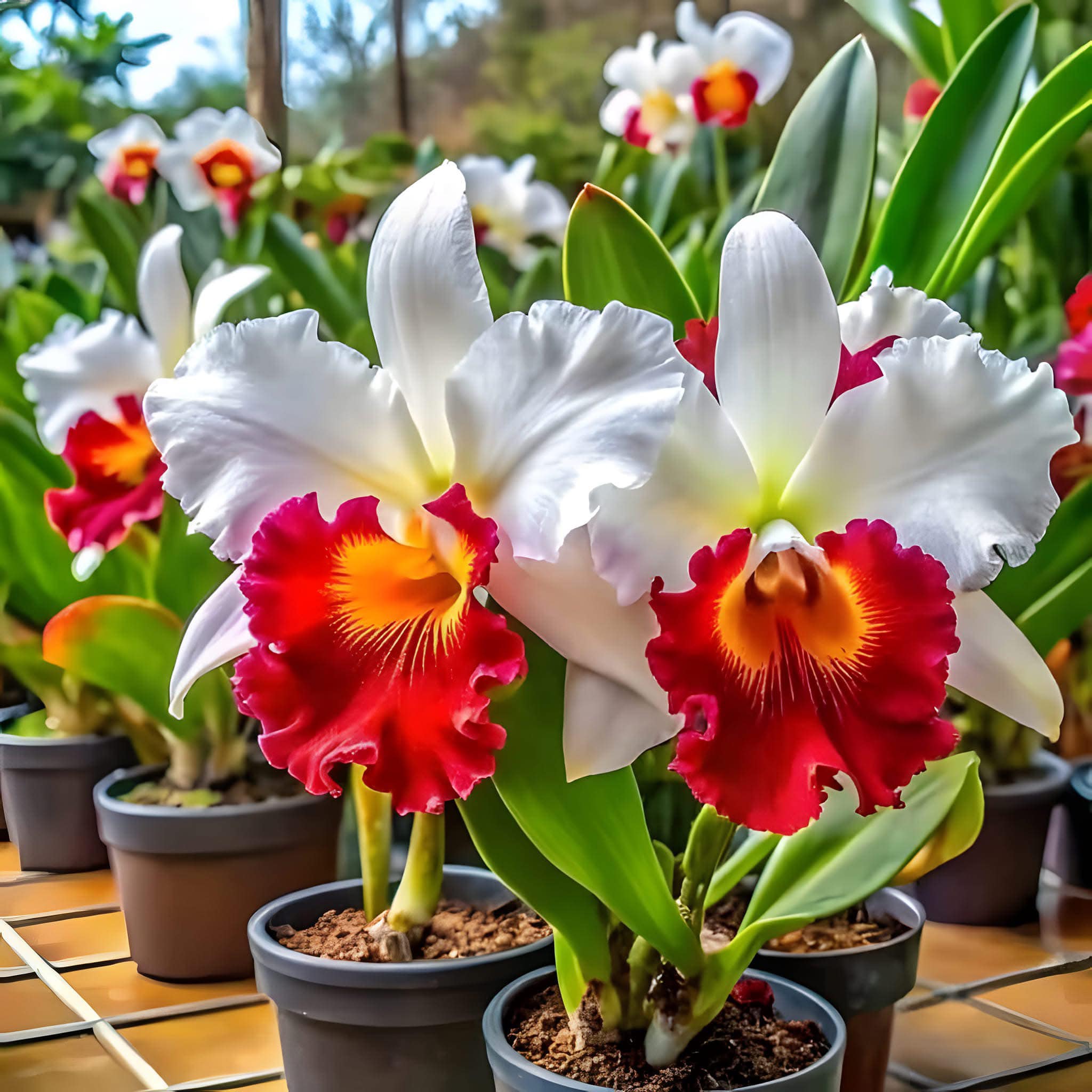 Growing Cattleya Gertrude Hausermann Orchids in Wood Baskets with