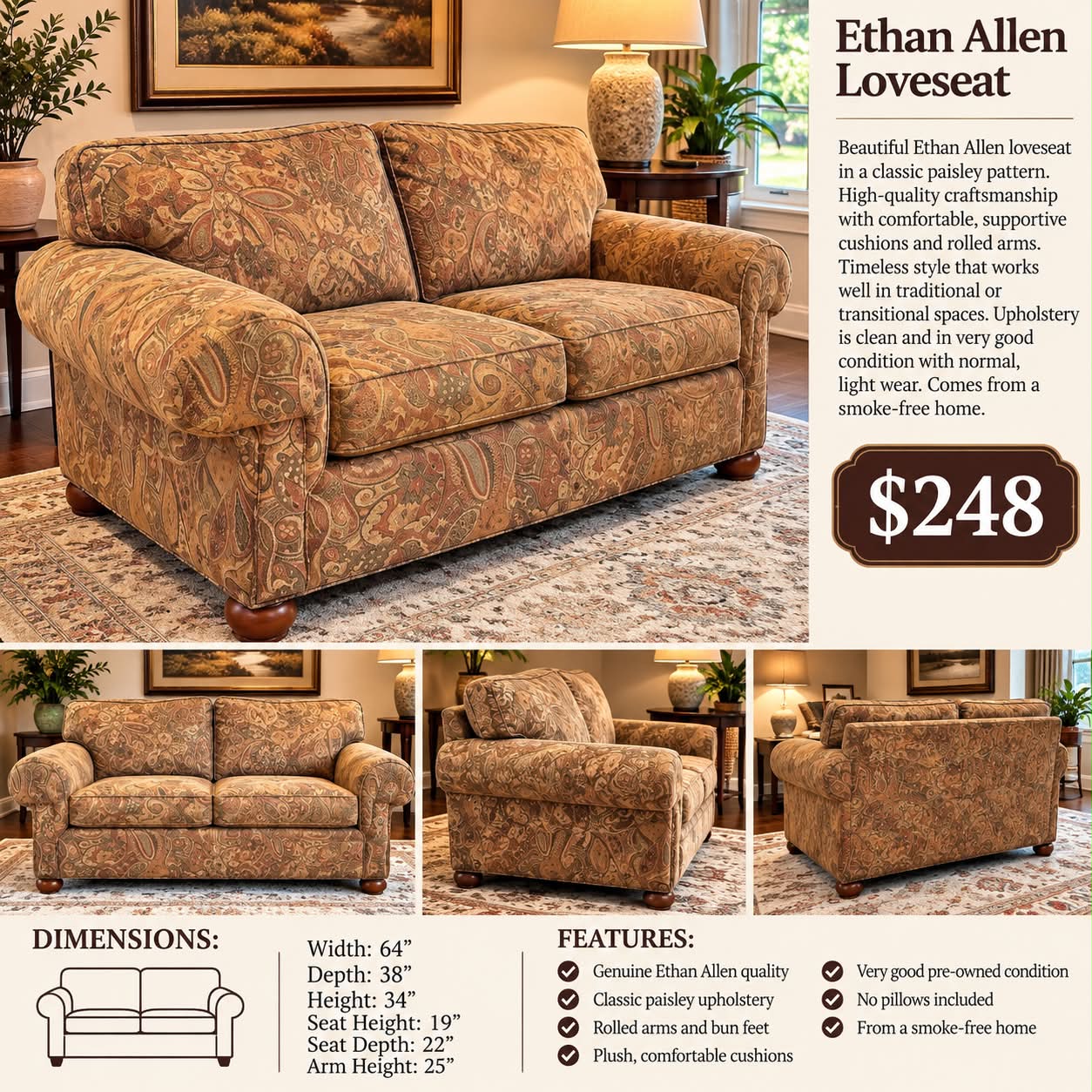 最後の値下げ■ETHAN ALLEN■2人　中古品 Ethan Allen Loveseat new with tags